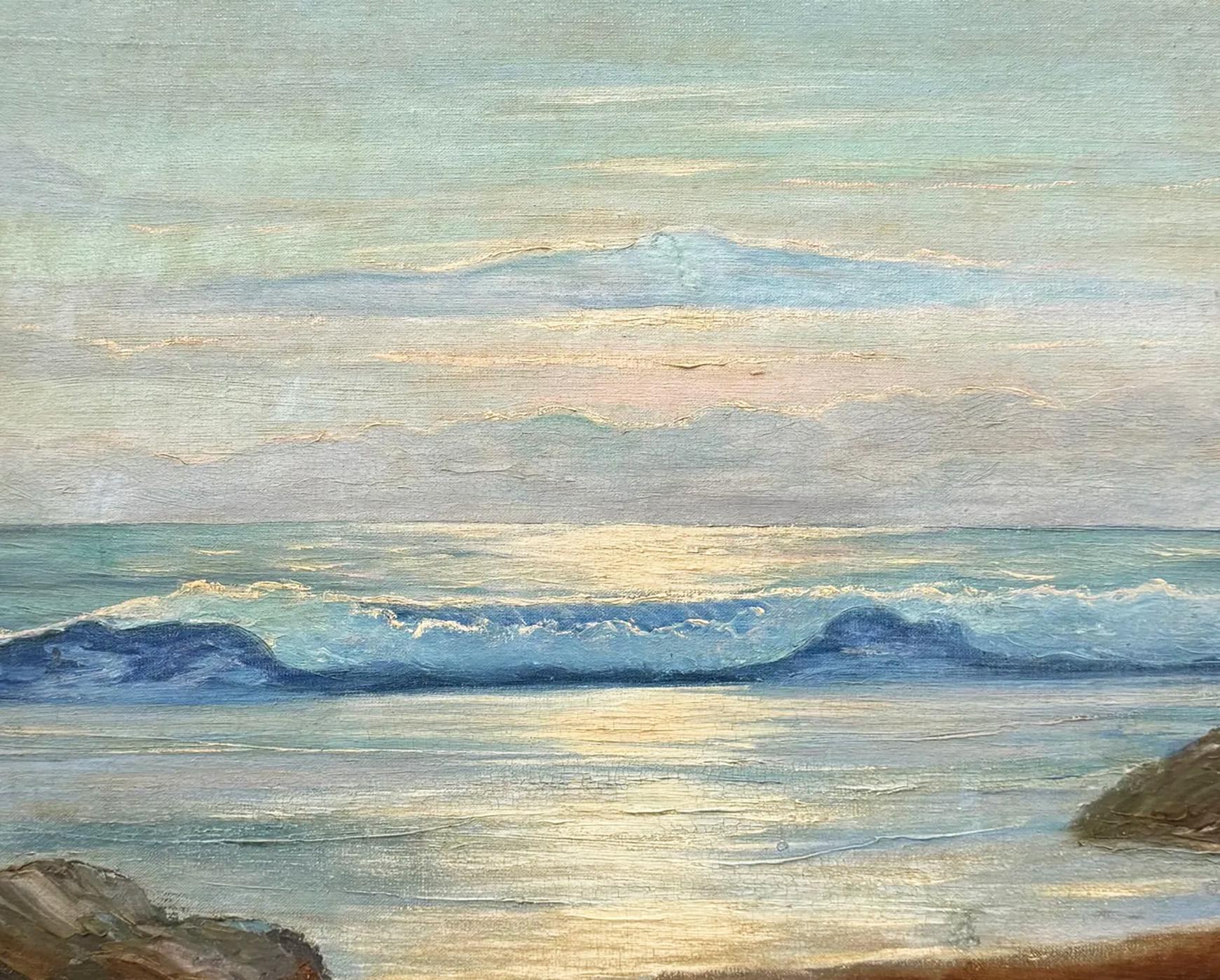 Antico dipinto a olio impressionista americano Crashing Surf New England Seascape 1