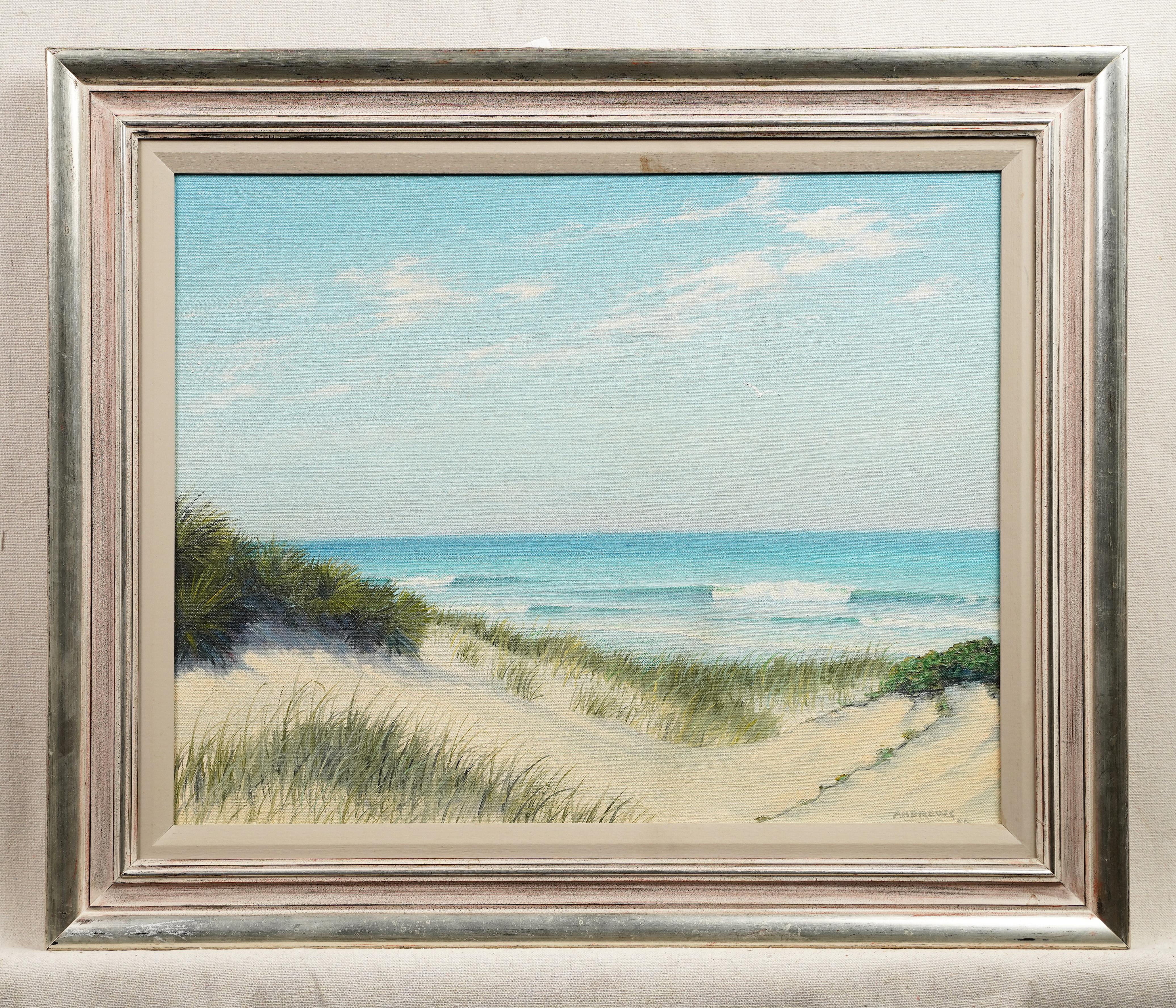 Scena estiva serena sulla spiaggia firmata e incorniciata Pittura ad olio con onde dell'oceano rotolanti - Painting di Walter Andrews
