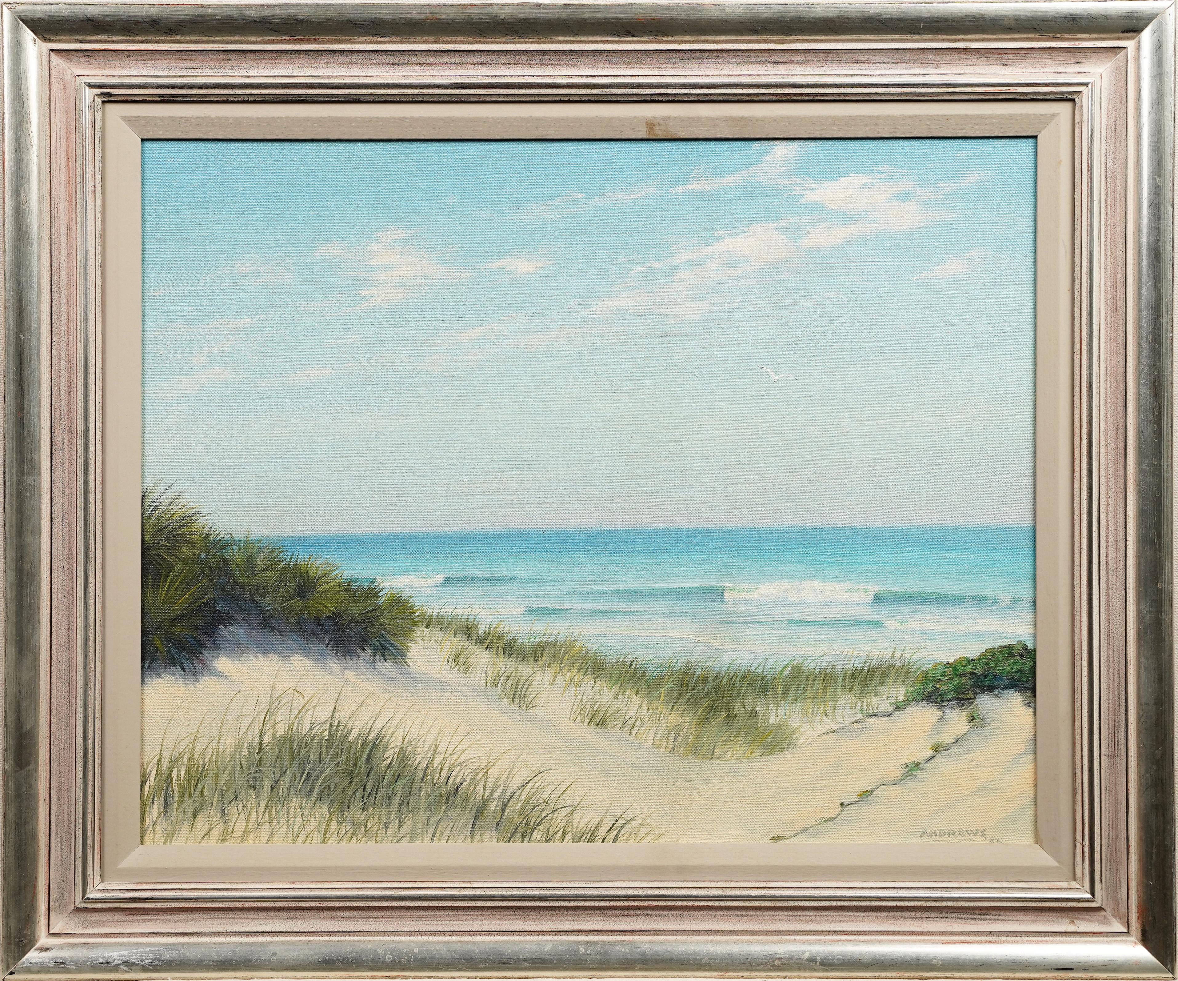 Scena estiva serena sulla spiaggia firmata e incorniciata Pittura ad olio con onde dell'oceano rotolanti - Painting Impressionismo di Walter Andrews