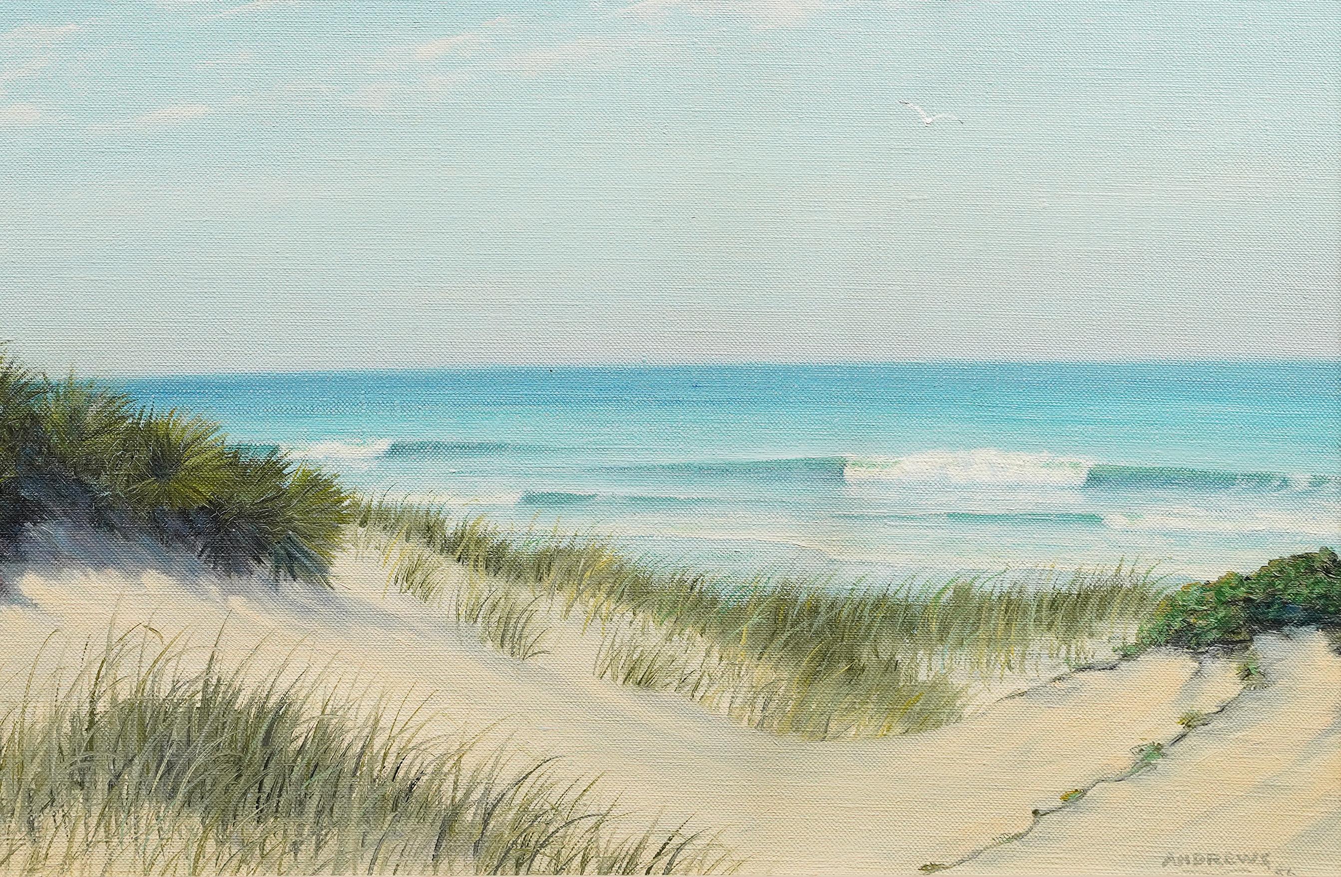 Scena estiva serena sulla spiaggia firmata e incorniciata Pittura ad olio con onde dell'oceano rotolanti 1