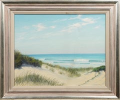 Scena estiva serena sulla spiaggia firmata e incorniciata Pittura ad olio con onde dell'oceano rotolanti
