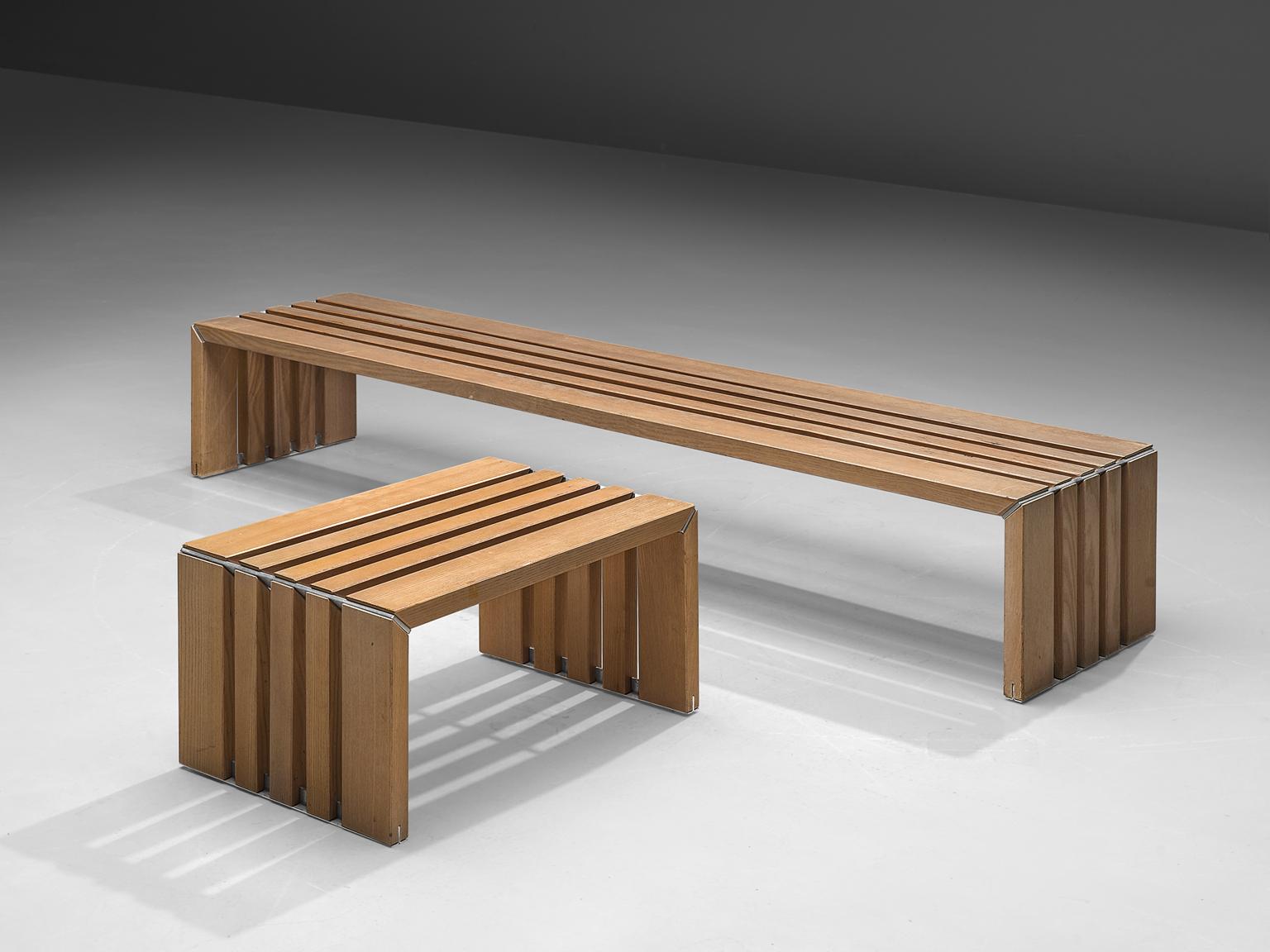 Walter Antonis for 't Spectrum, benches, in ash and metal, the Netherlands, circa 1974.

A pair of slat benches in white-wash ahs with metal elements from the passe-partout series designed by Walter Antonis for 't Spectrum. These benches have a