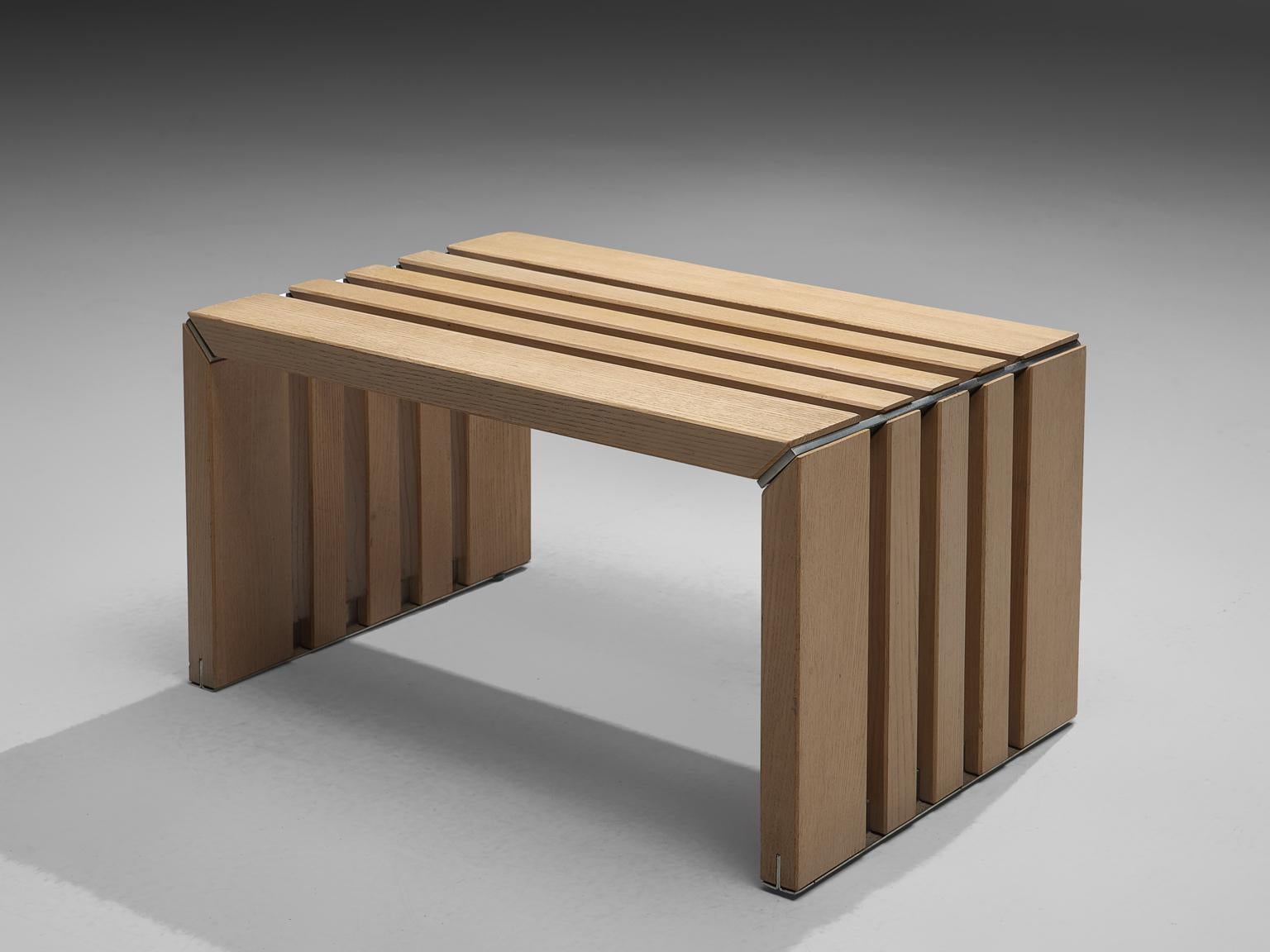 Walter Antonis for 't Spectrum, stool, in ash and metal, the Netherlands, circa 1974.

Slat stool in white-wash ahs with metal elements from the Passe-Partout series designed bu Walter Antonis for 't Spectrum. This small bench has a modest design.