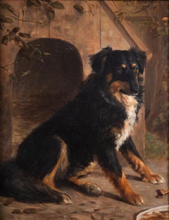 Un chien de berger devant un chenil