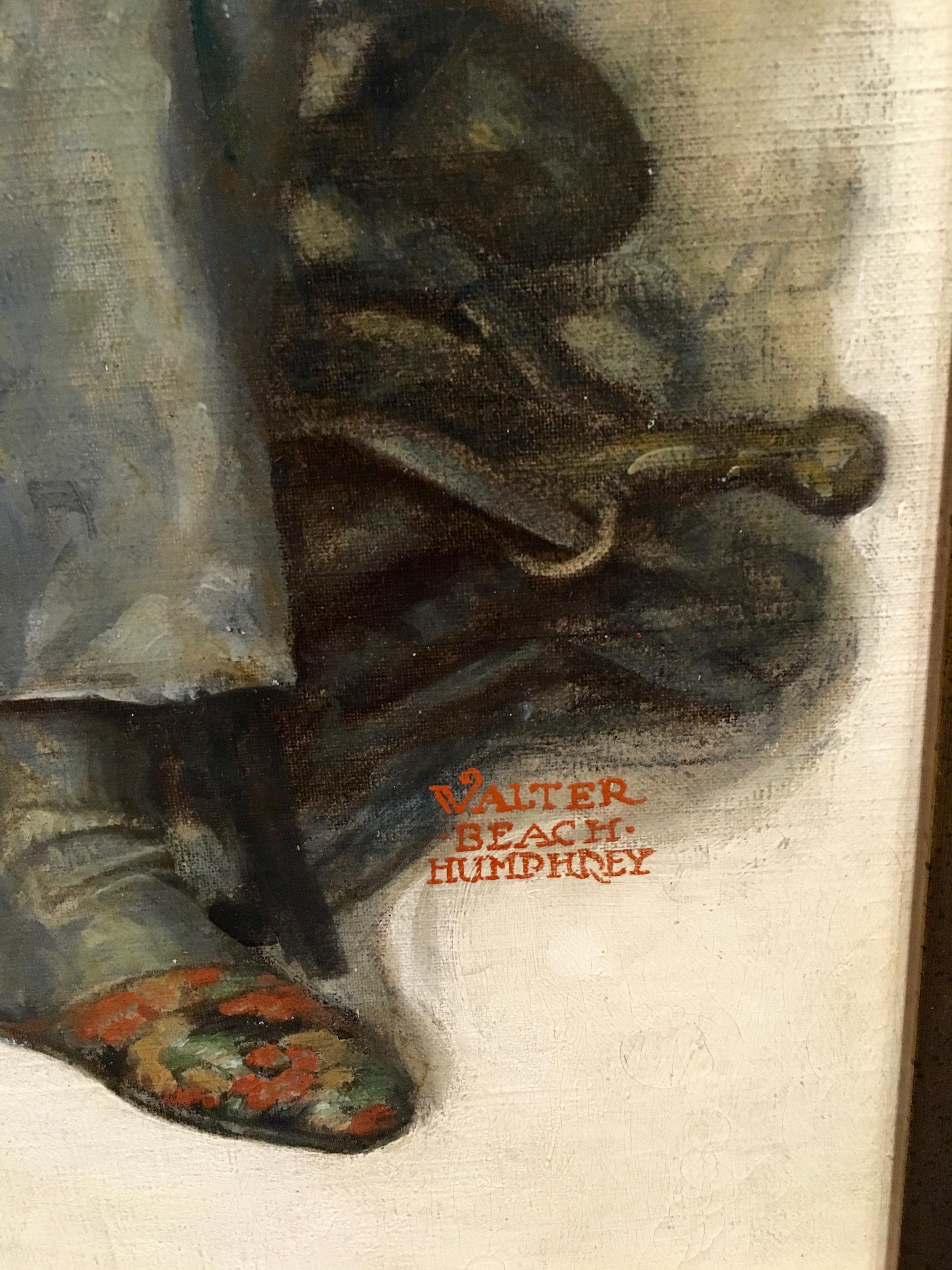 Harness Maker is an oil on canvas painting measuring 24.5 x 18 inches, signed by the artist in the lower right corner. The artwork portrays an elderly man seated in a wooden chair, deeply engrossed in his craft. He holds a leather harness, examining