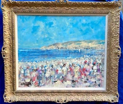20th century French Impressionist, People by a Summer seaside beach landscape 