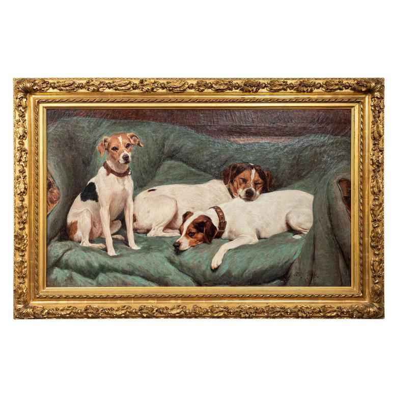 "Shared Rest" - an absolutely charming, fabulously painted, oil-on-canvas painting of three, Jack Russel Terriers nestled together on a bench or sofa, swathed in green fabric. Framed in an elaborate hand carved and gilded frame.  Signed and dated to