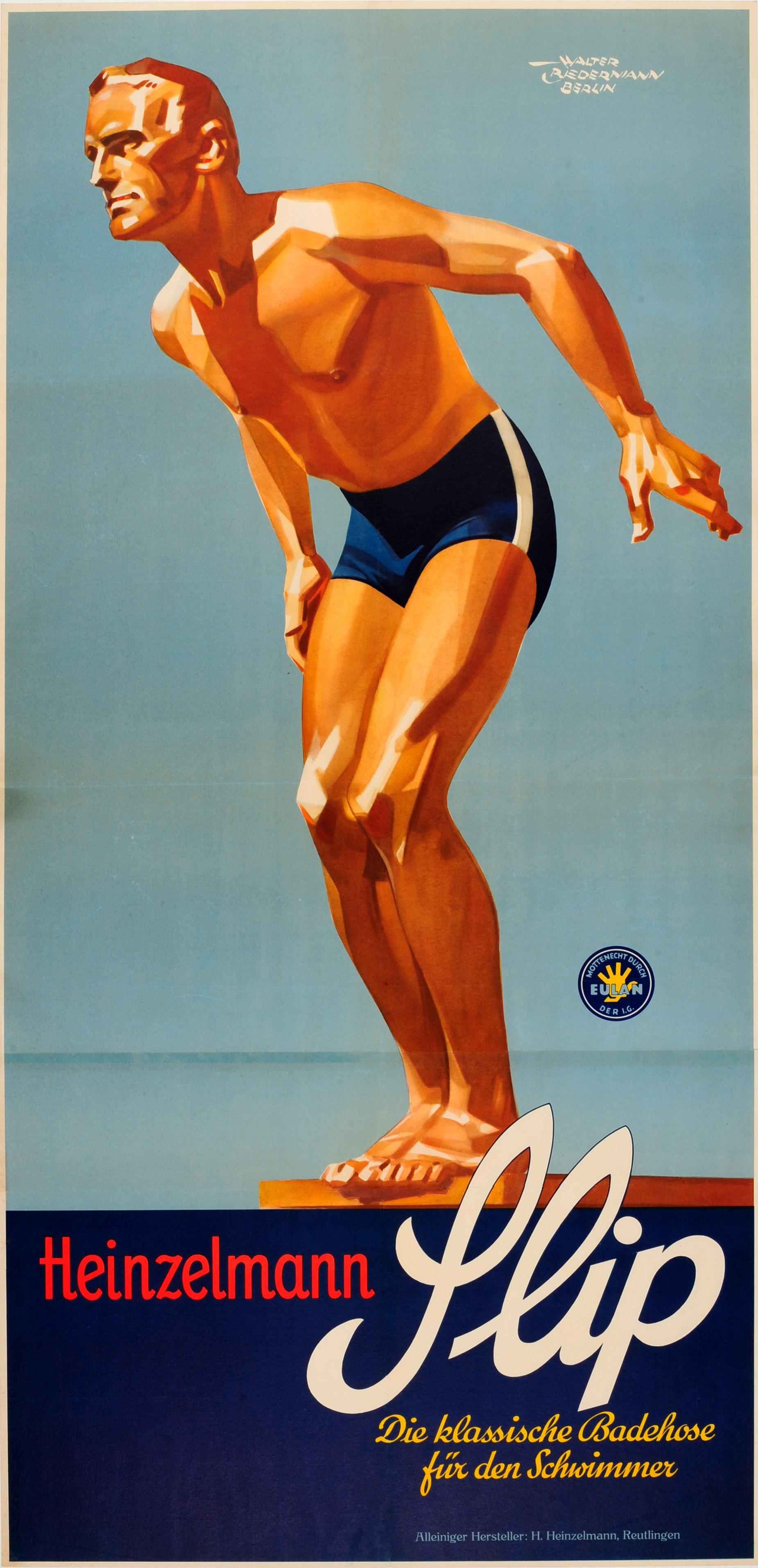 Walter Biedermann Print - Original Vintage Sport Fashion Poster For Slip Badehose Swimming Trunks Ft Diver