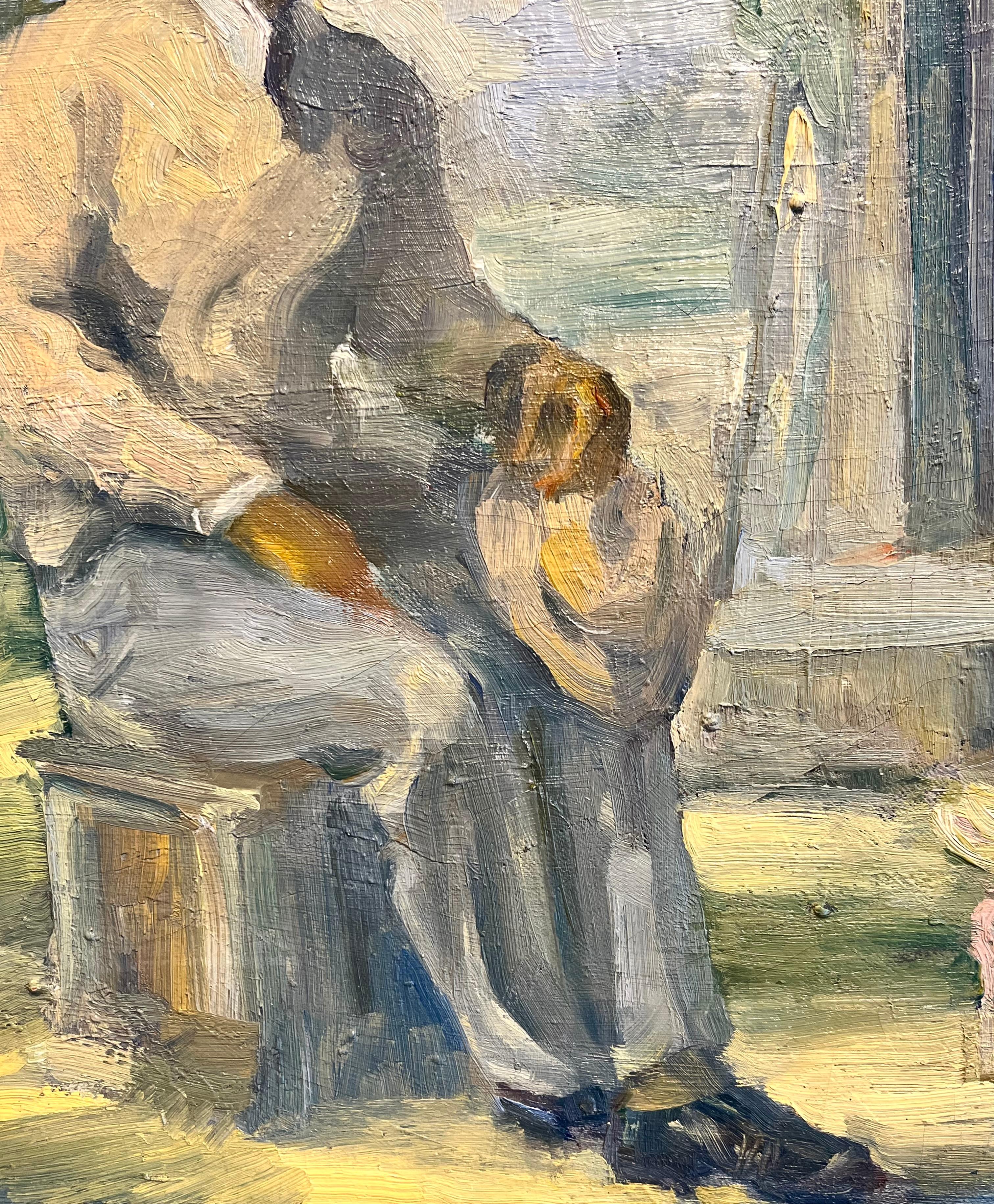 This impressionist painting by Virginia artist Walter Biggs captures a moment of quiet strength and familial connection. A seated man rests outside with his hat in hand, while a young girl holding a doll stands nearby and an older woman looks on