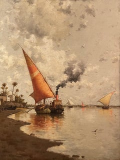 "Near Alexandria, On the Nile River, Egypt, " Walter Blackman, Boats in Landscape