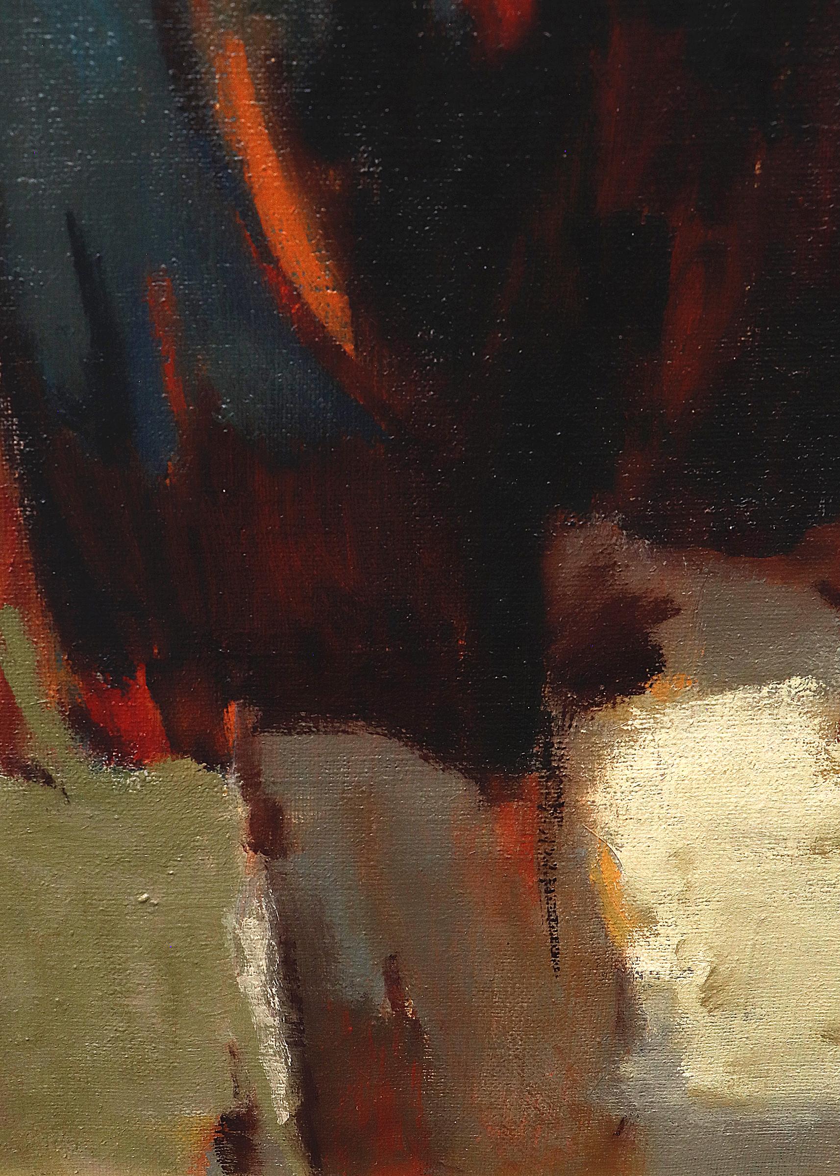 Questo splendido olio su tela vintage del 1960 Mid Century Jewell's, dipinto espressionista astratto di Walter Blakelock Wilson (1929-2011), mostra una vibrante gamma di tonalità gioiello. Il ricco blu zaffiro, il verde smeraldo, il giallo oro,