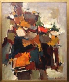"Looming Bluff" 1960s Abstract Expressionist Oil Painting, Orange, Umber, Green