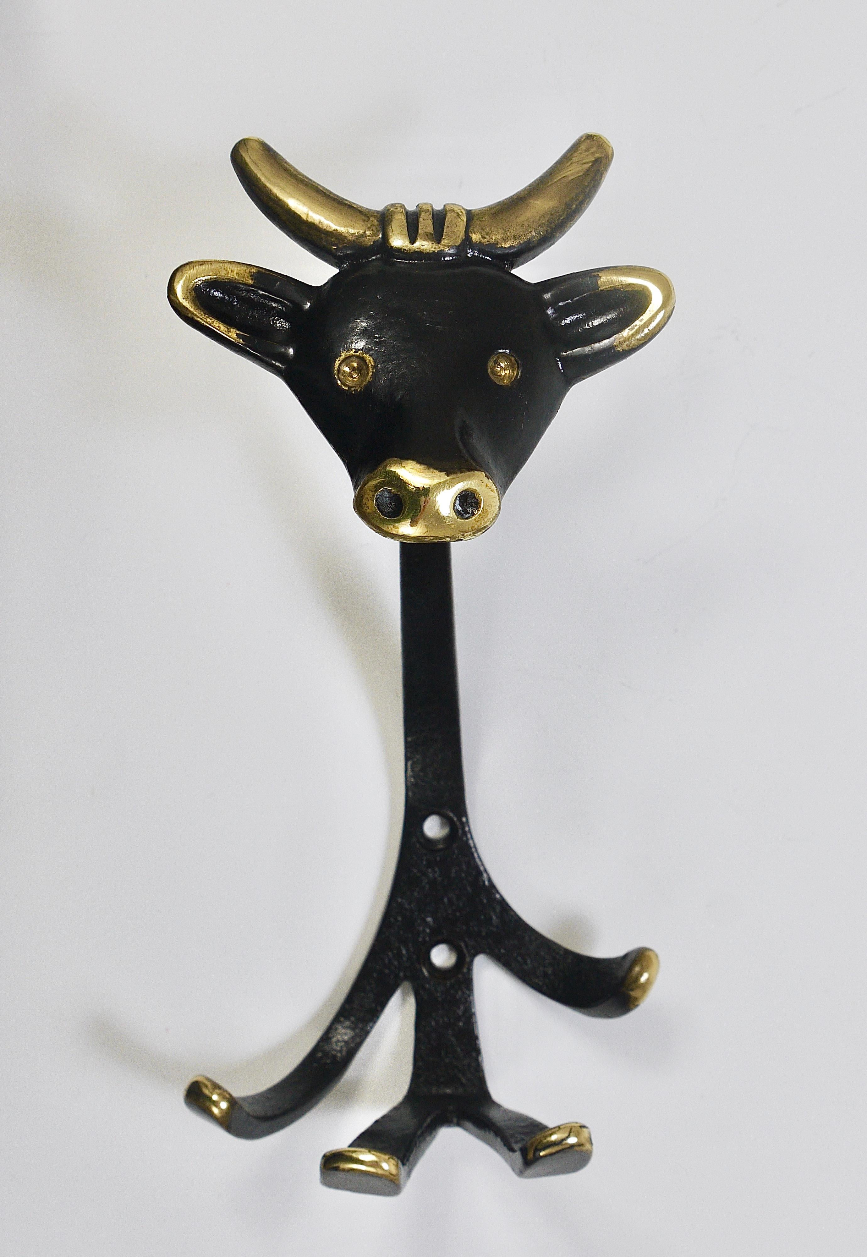 20th Century Walter Bosse 4 Zoo Brass Wall Hooks, Cow, Lion, Cat & Monkey, Herta Baller, 1950