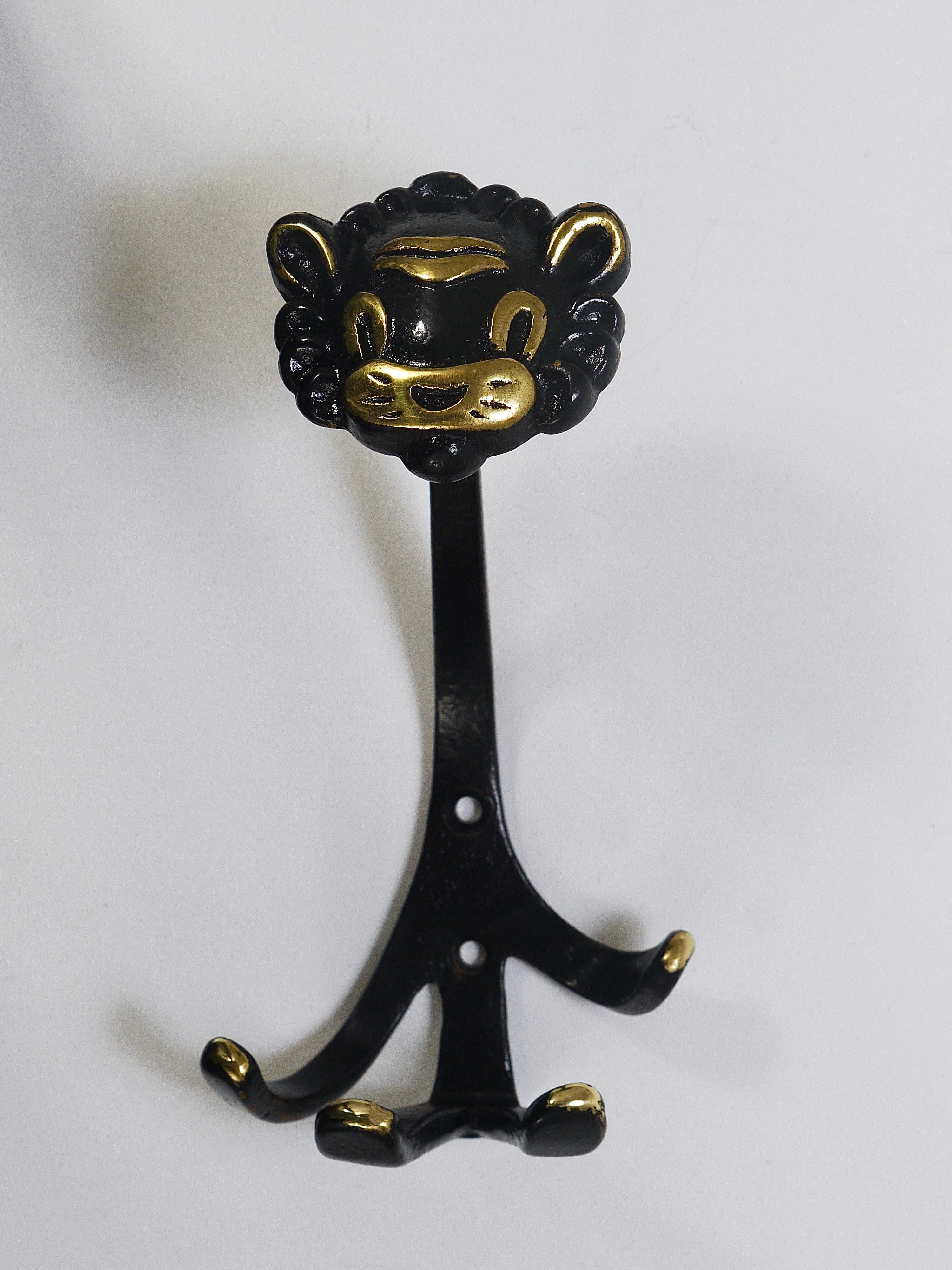 Mid-Century Modern Walter Bosse 4 Zoo Brass Wall Hooks, Cow, Lion, Cat & Monkey, Herta Baller, 1950