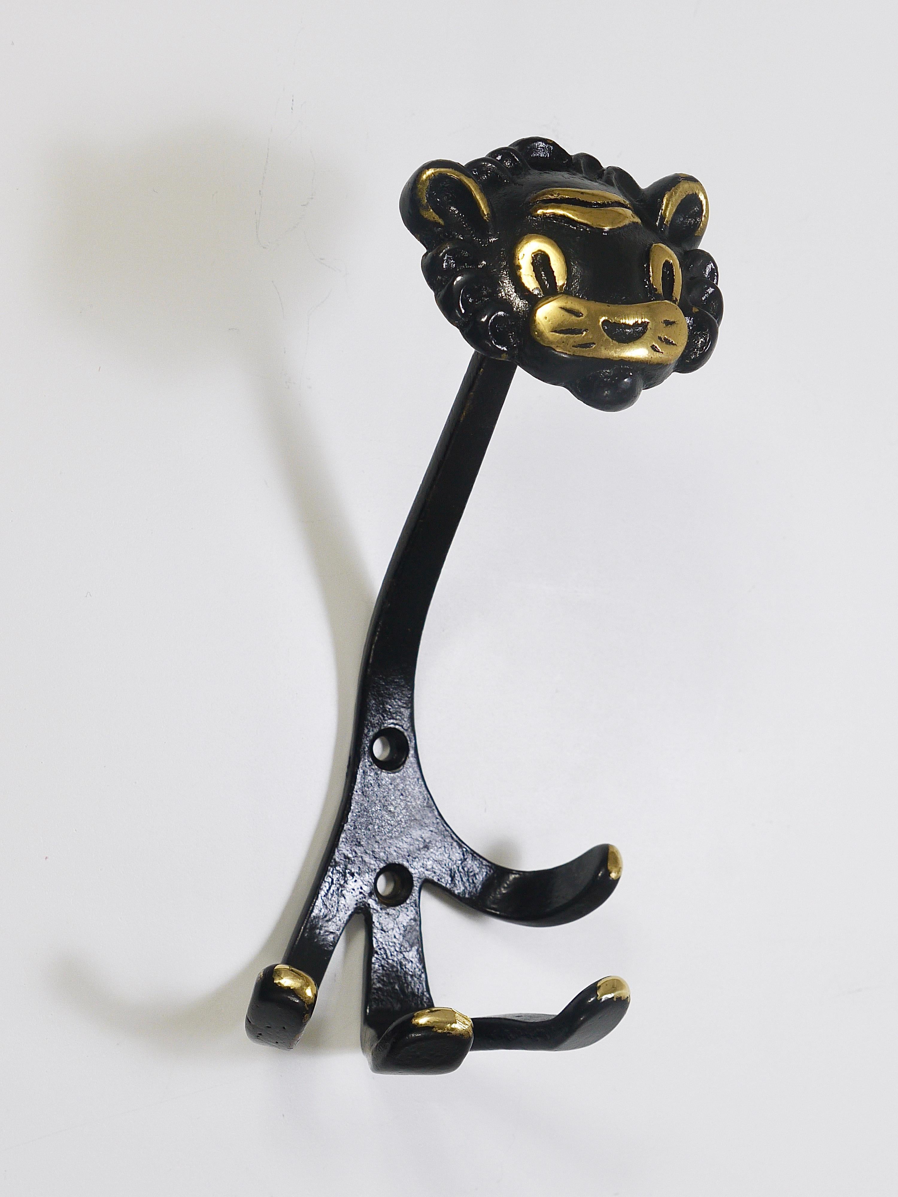 Austrian Walter Bosse 4 Zoo Brass Wall Hooks, Cow, Lion, Cat & Monkey, Herta Baller, 1950