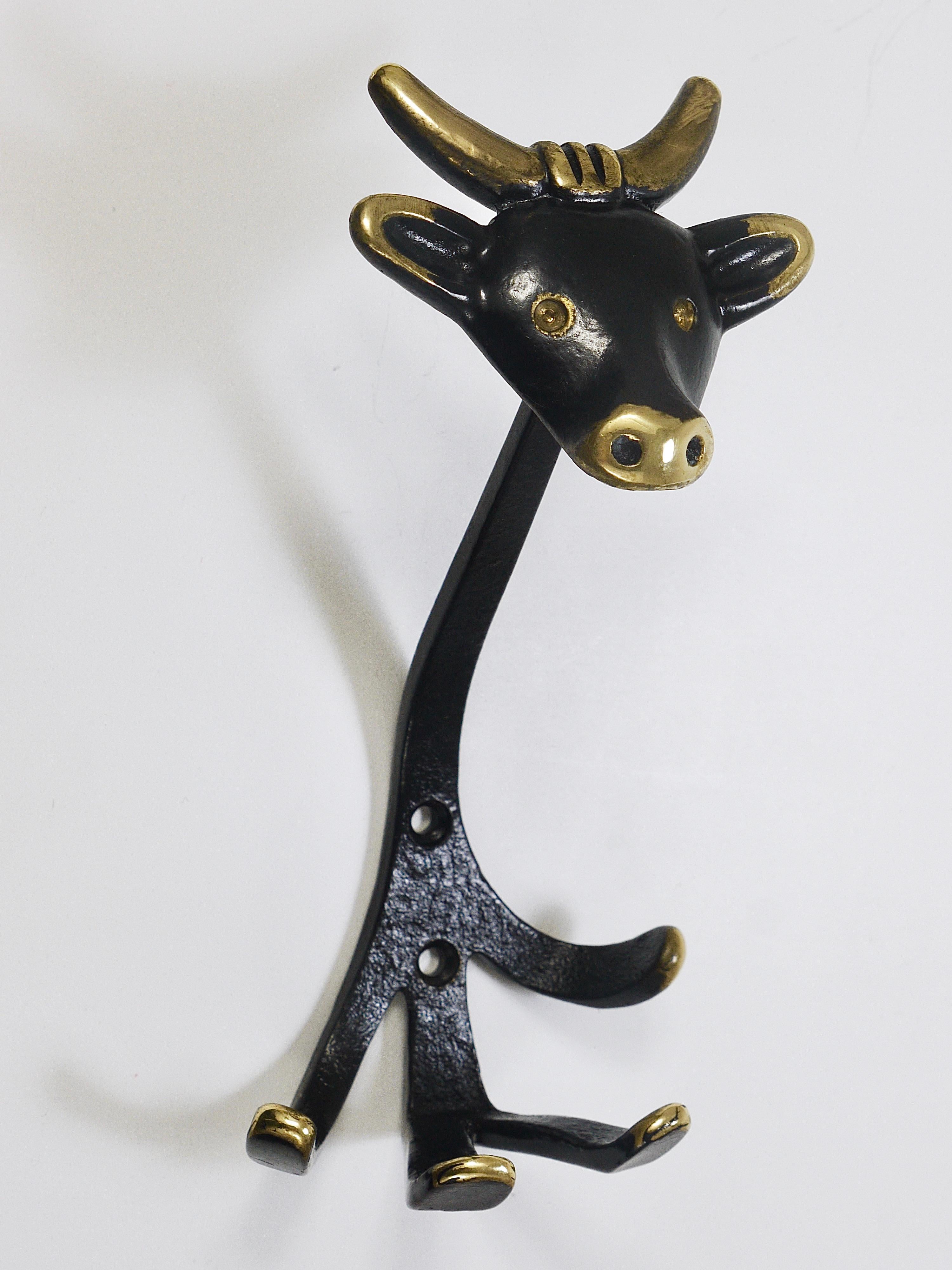 Blackened Walter Bosse 4 Zoo Brass Wall Hooks, Cow, Lion, Cat & Monkey, Herta Baller, 1950