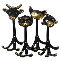 Walter Bosse 4 Zoo Brass Wall Hooks, Cow, Lion, Cat & Monkey, Herta Baller, 1950