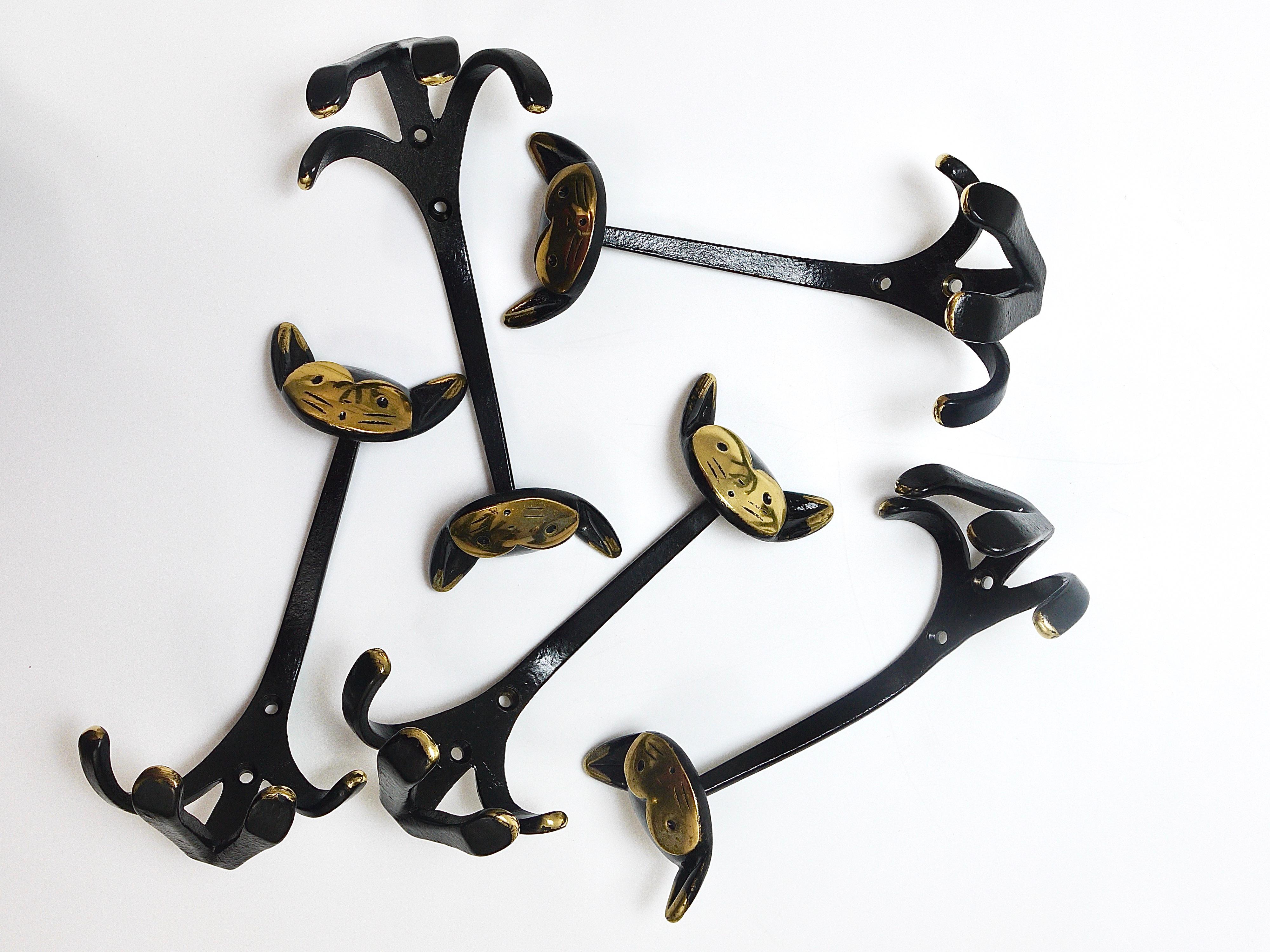 Walter Bosse 5 Cat Zoo Brass Animal Wall Hooks by Herta Baller, Austria,  1950s In Good Condition For Sale In Vienna, AT