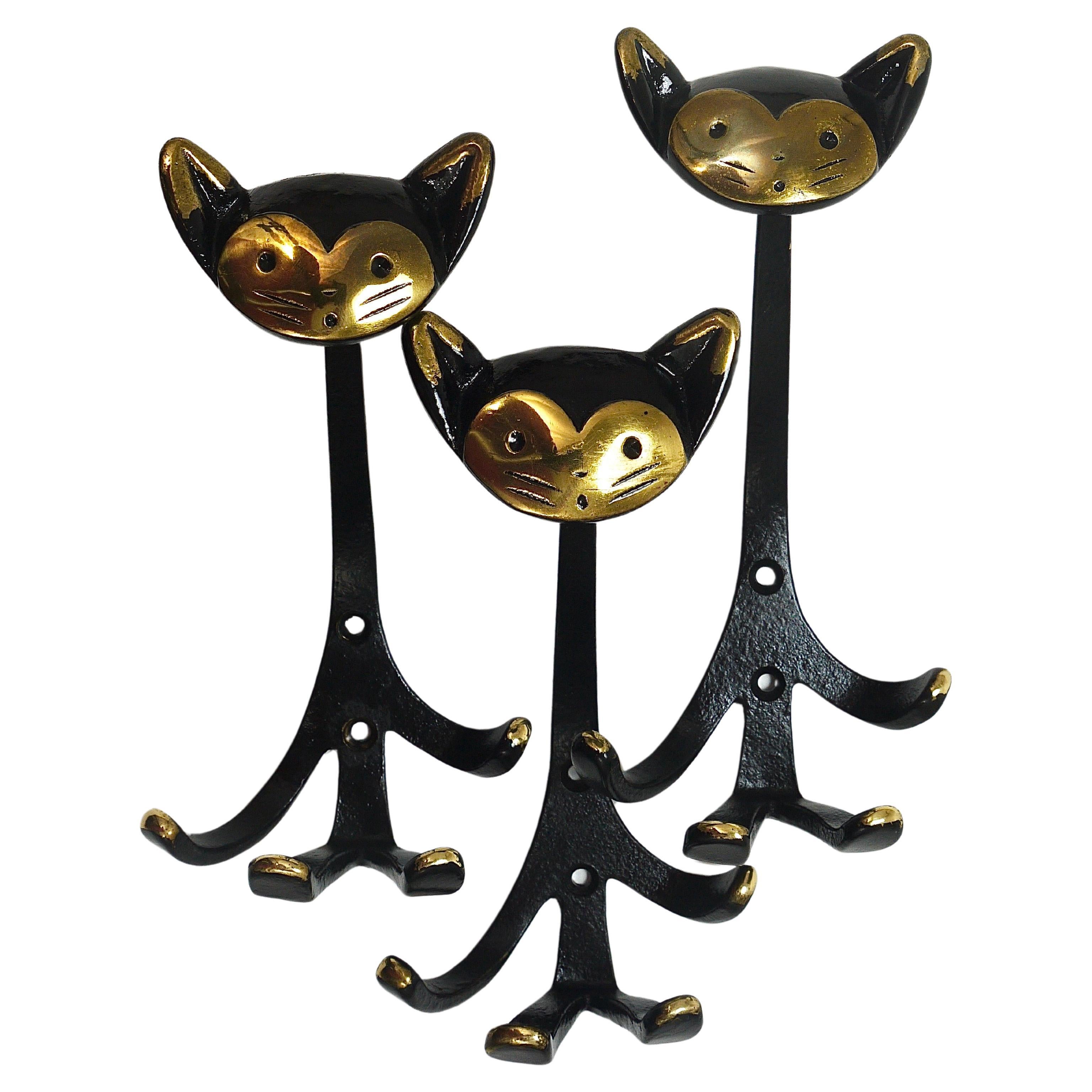 Walter Bosse 5 Cat Zoo Brass Animal Wall Hooks by Herta Baller, Austria,  1950s For Sale