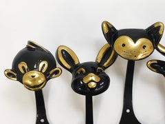 Walter Bosse 5 Zoo Brass Wall Hooks, Monkey, Rabbit, Cat, Cow & Lion, Baller
