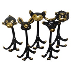 Walter Bosse 5 Zoo Brass Wall Hooks, Monkey, Rabbit, Cat, Cow & Lion, Baller