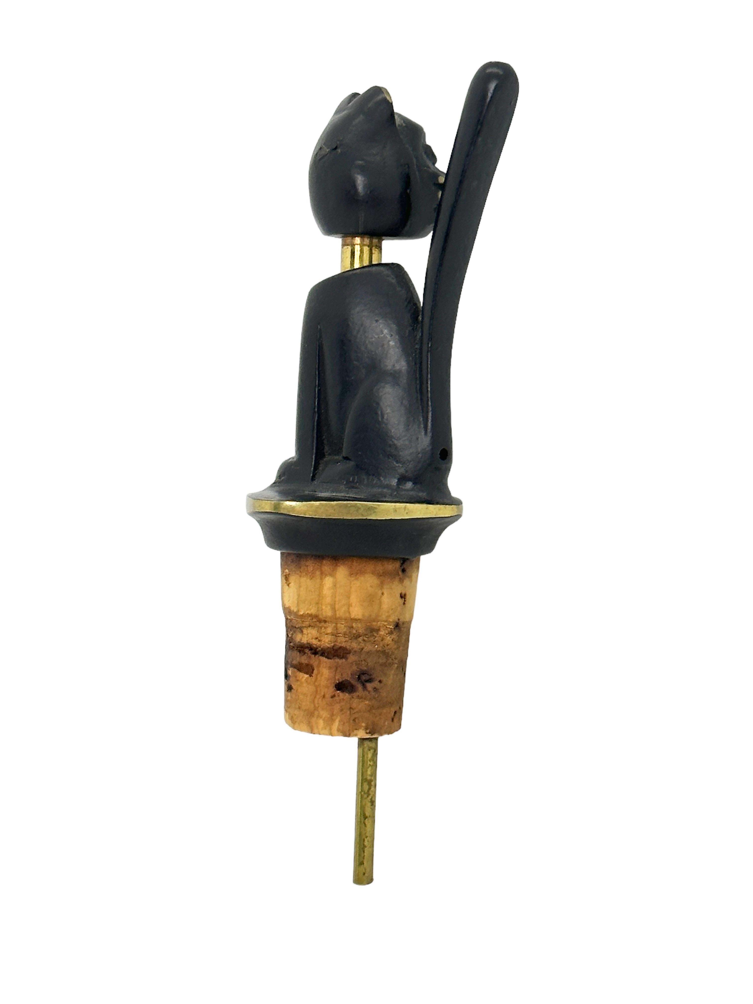 Mid-Century Modern Walter Bosse Brass Cat Figurine Bottle Stopper Pourer, Baller Austria, 1950s For Sale