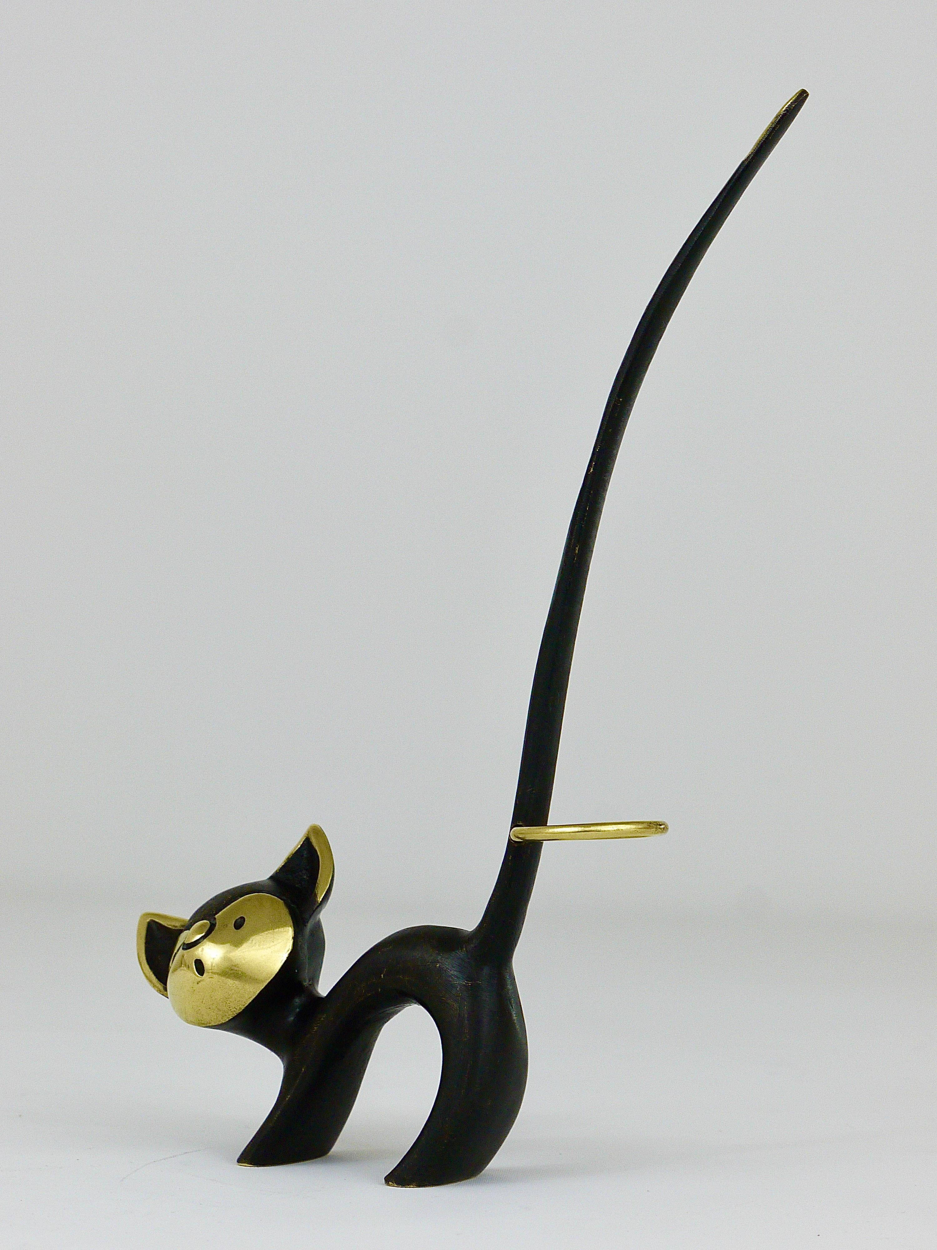 Austrian Walter Bosse Brass Cat Figurine Jewelry Ring Holder, Herta Baller Austria, 1950s