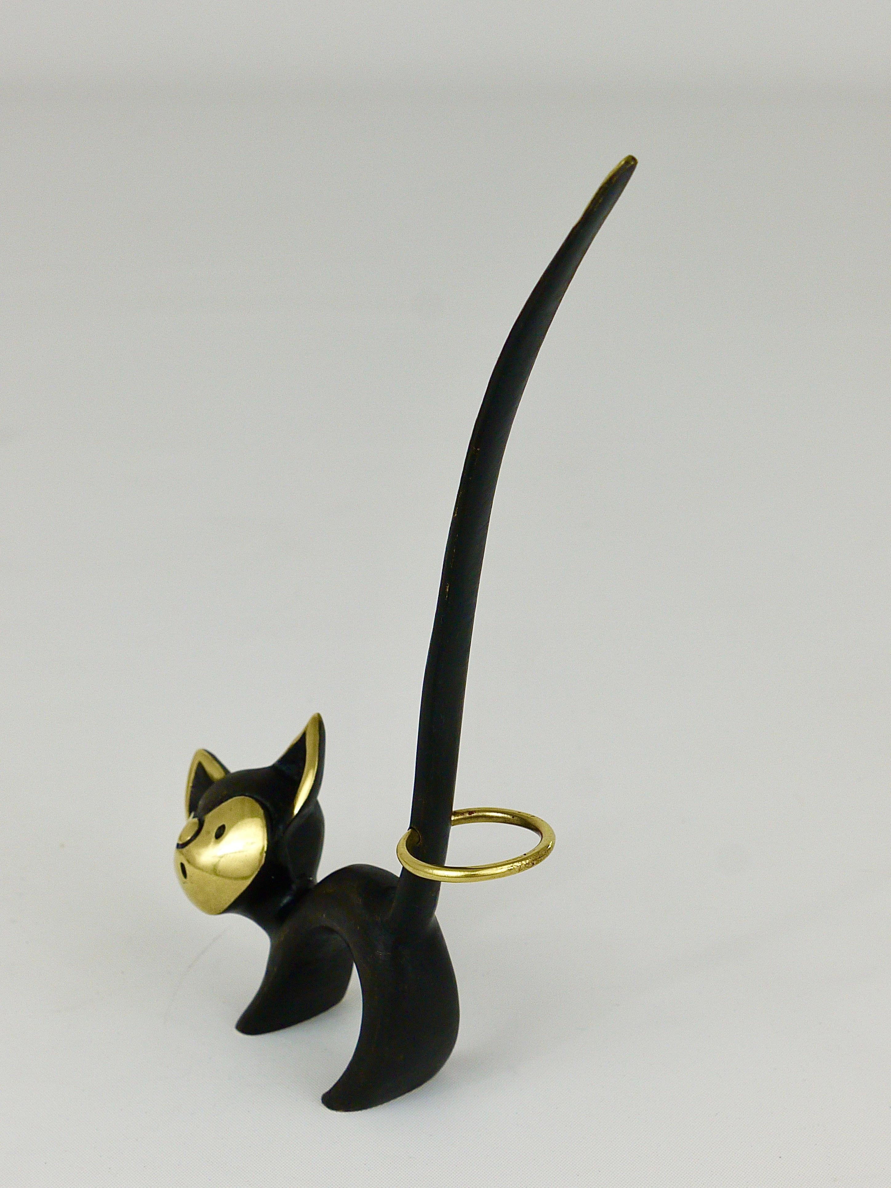 20th Century Walter Bosse Brass Cat Figurine Jewelry Ring Holder, Herta Baller Austria, 1950s For Sale