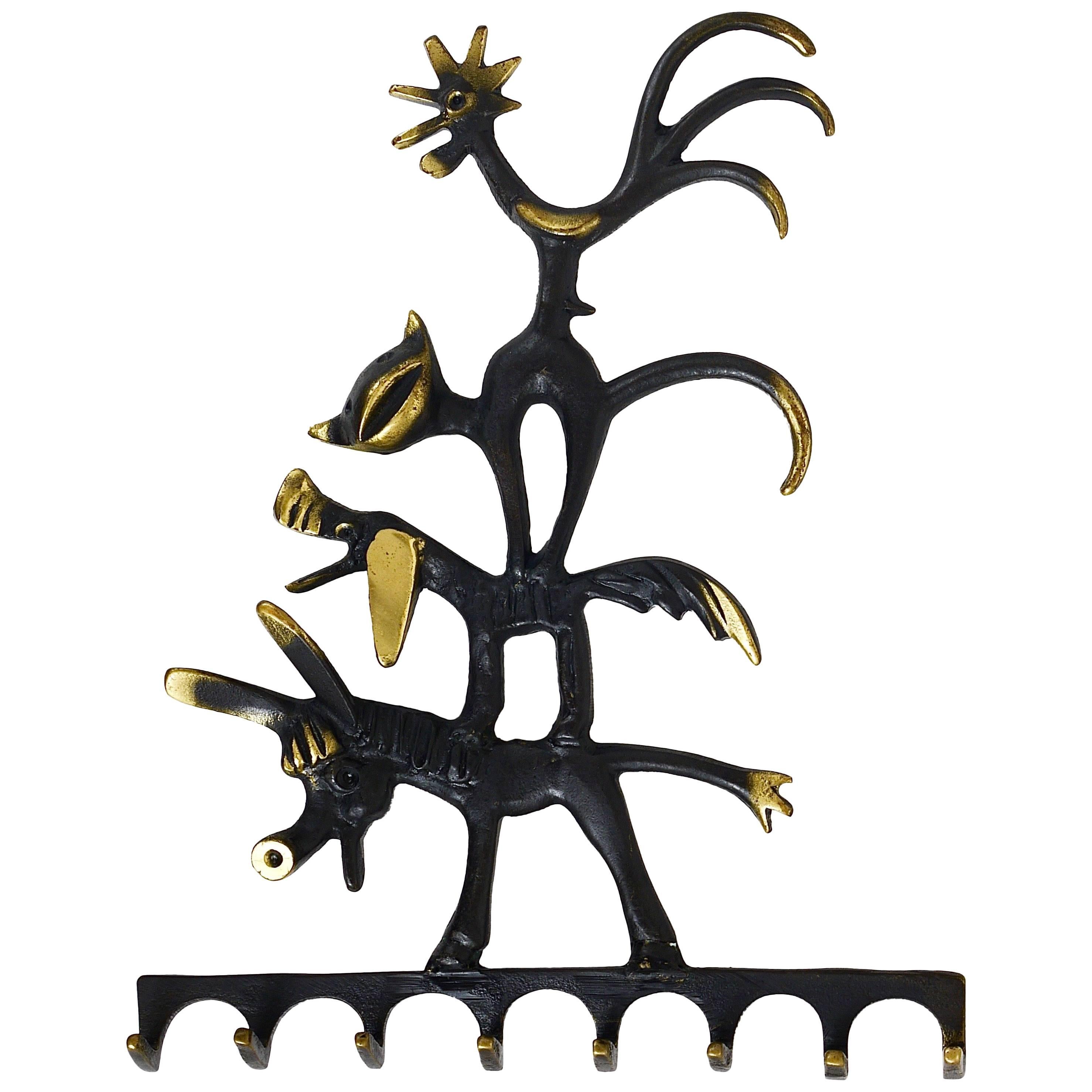 Walter Bosse Brass Key Hanger Donkey, Dog, Cat and Cock, Herta Baller, Austria