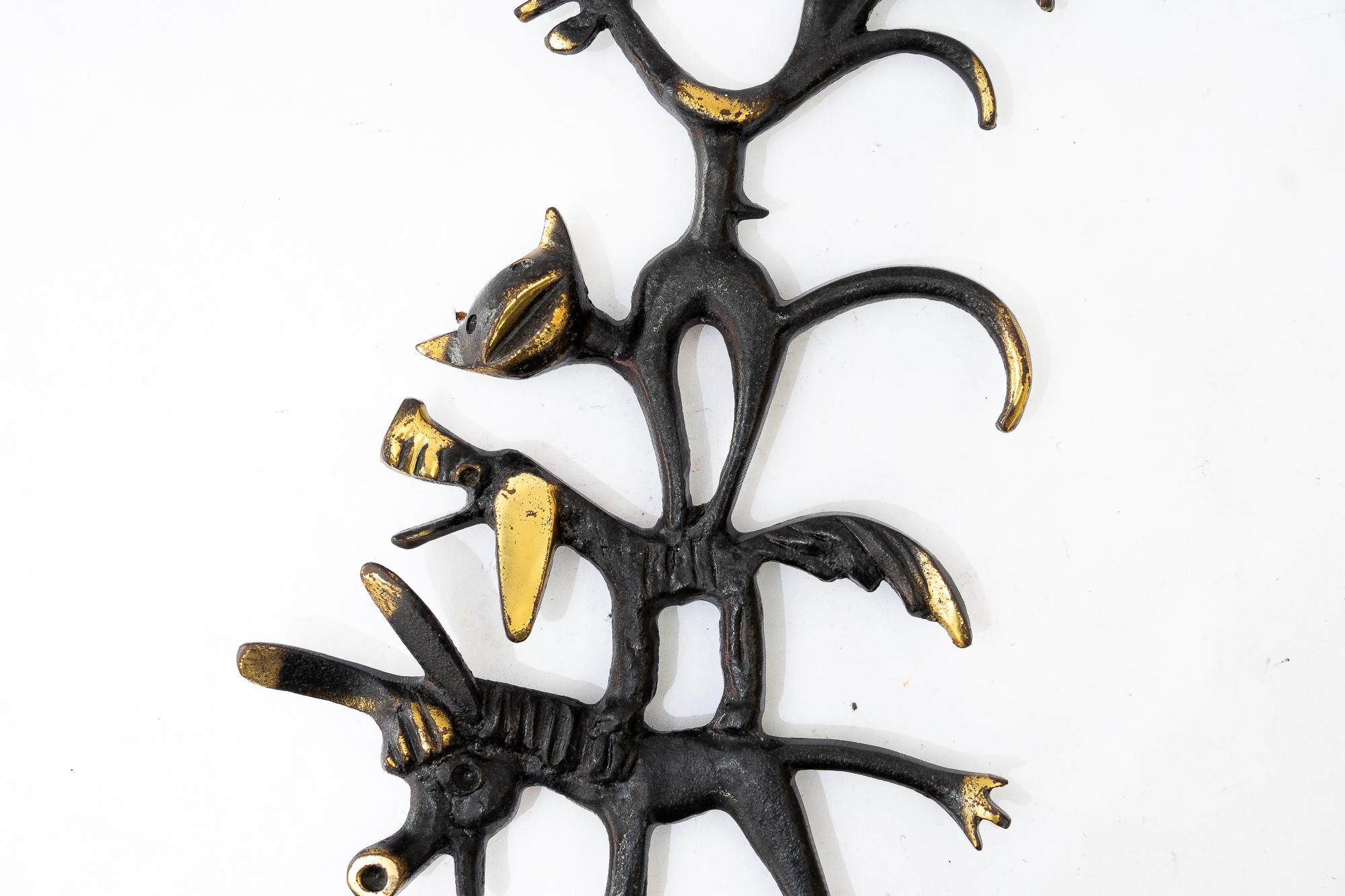 Mid-Century Modern Walter Bosse Brass Key Hanger Donkey, Dog, Cat and Cock, Hertha Baller, Austria For Sale