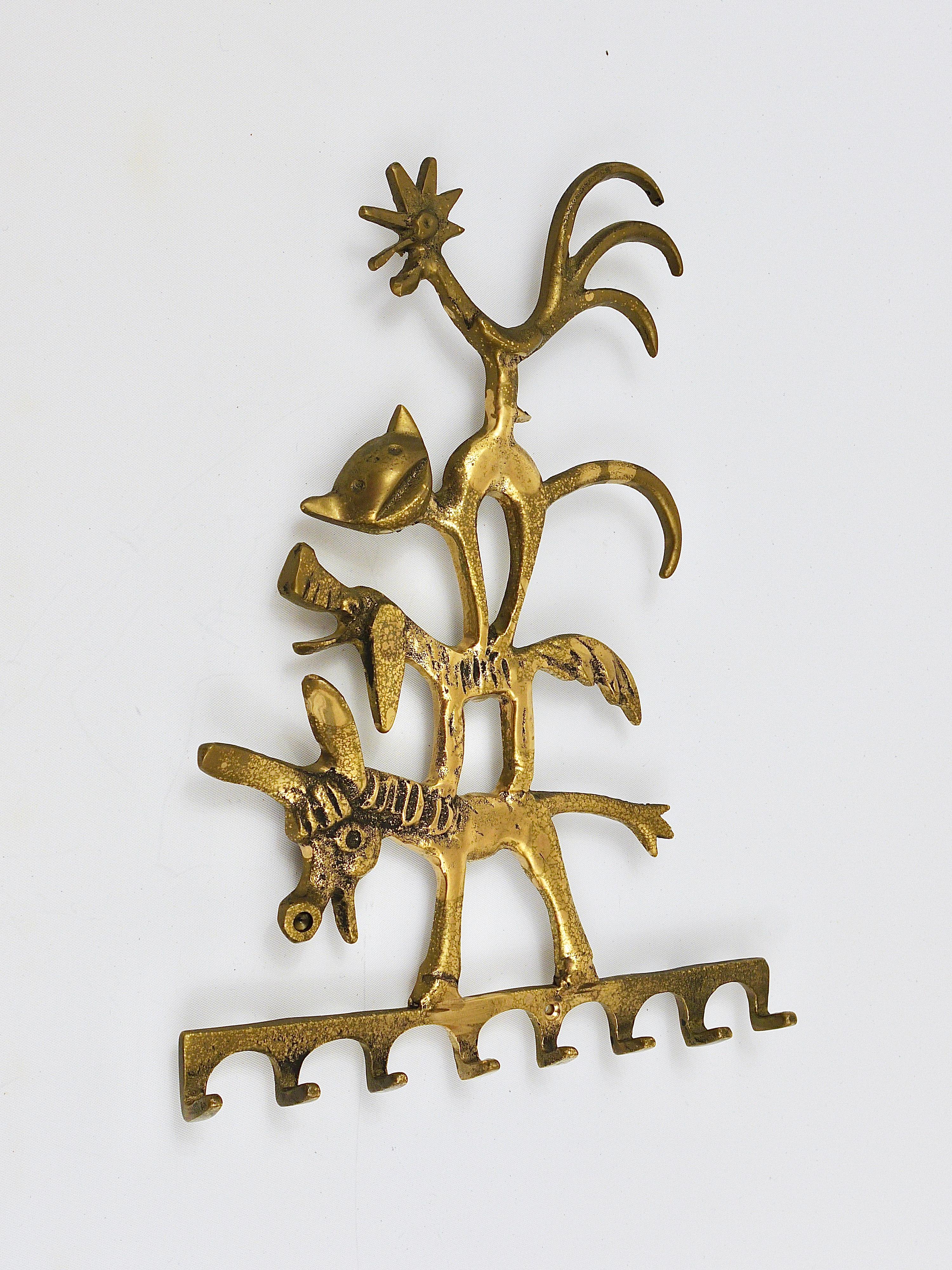Walter Bosse Brass Key Hanger Donkey, Dog, Cat and Cock, Hertha Baller, Austria In Good Condition In Vienna, AT