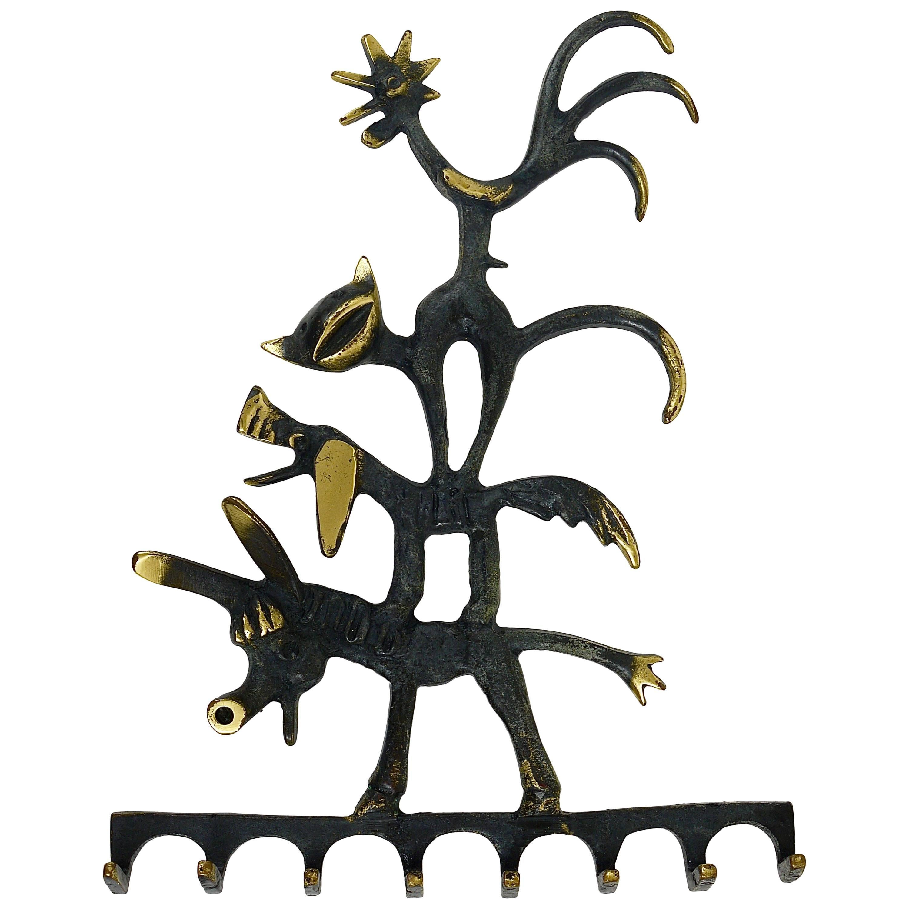 Walter Bosse Brass Key Hanger Donkey, Dog, Cat and Cock, Hertha Baller, Austria