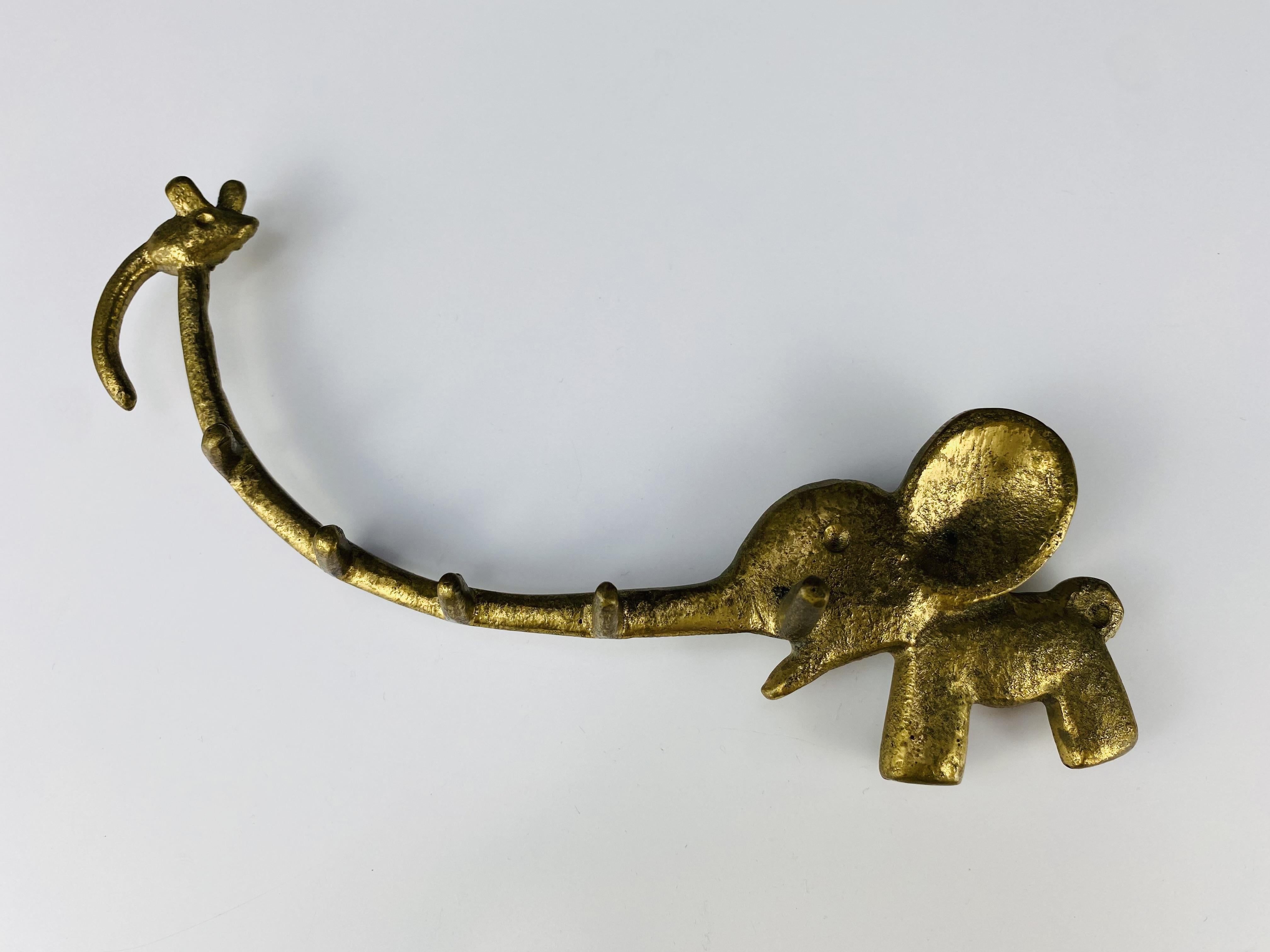 Mid-Century Modern Walter Bosse Brass key hanger, Elephant and Mouse, Herta Baller, Austria 1950's For Sale