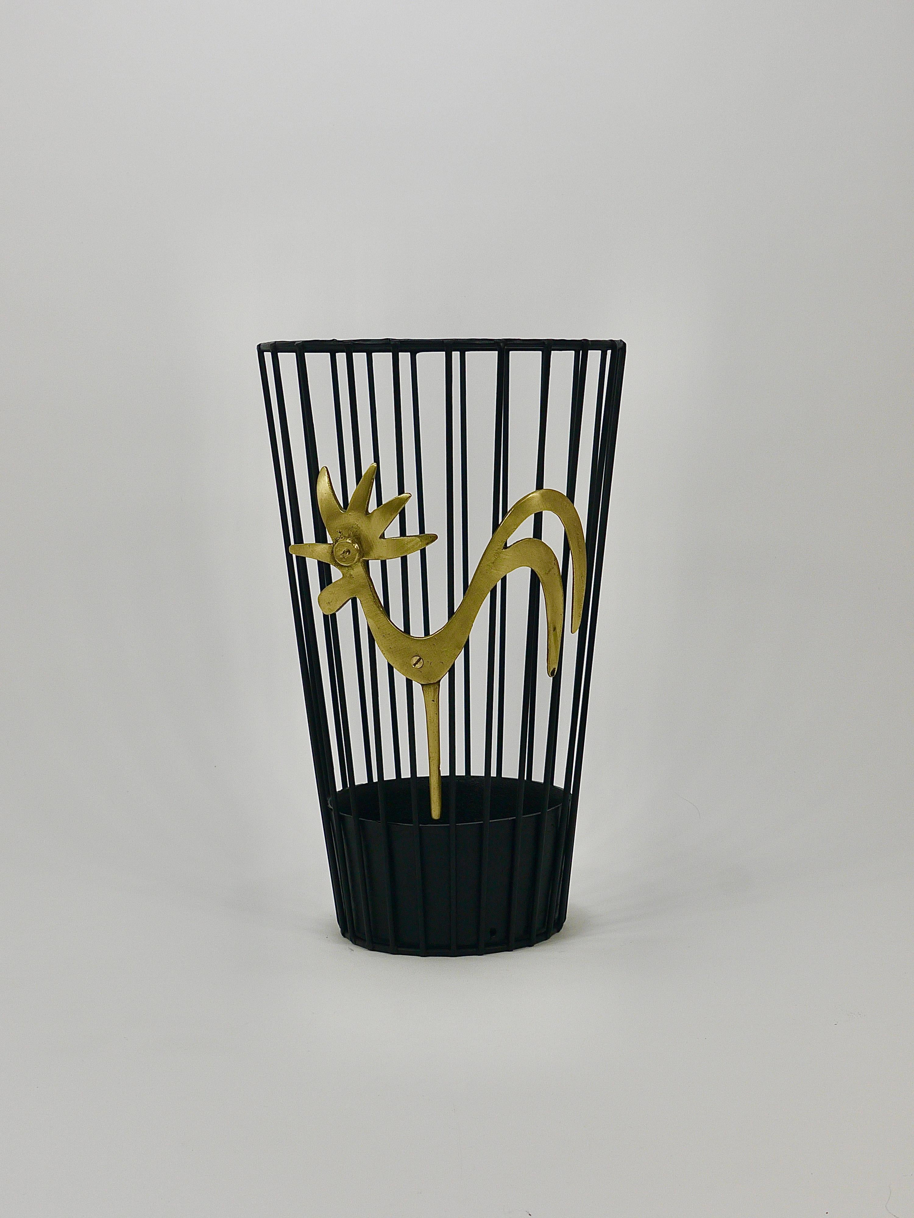 Blackened Walter Bosse Brass Rooster Mid-Century Umbrella Stand for Herta Baller, 1950s For Sale