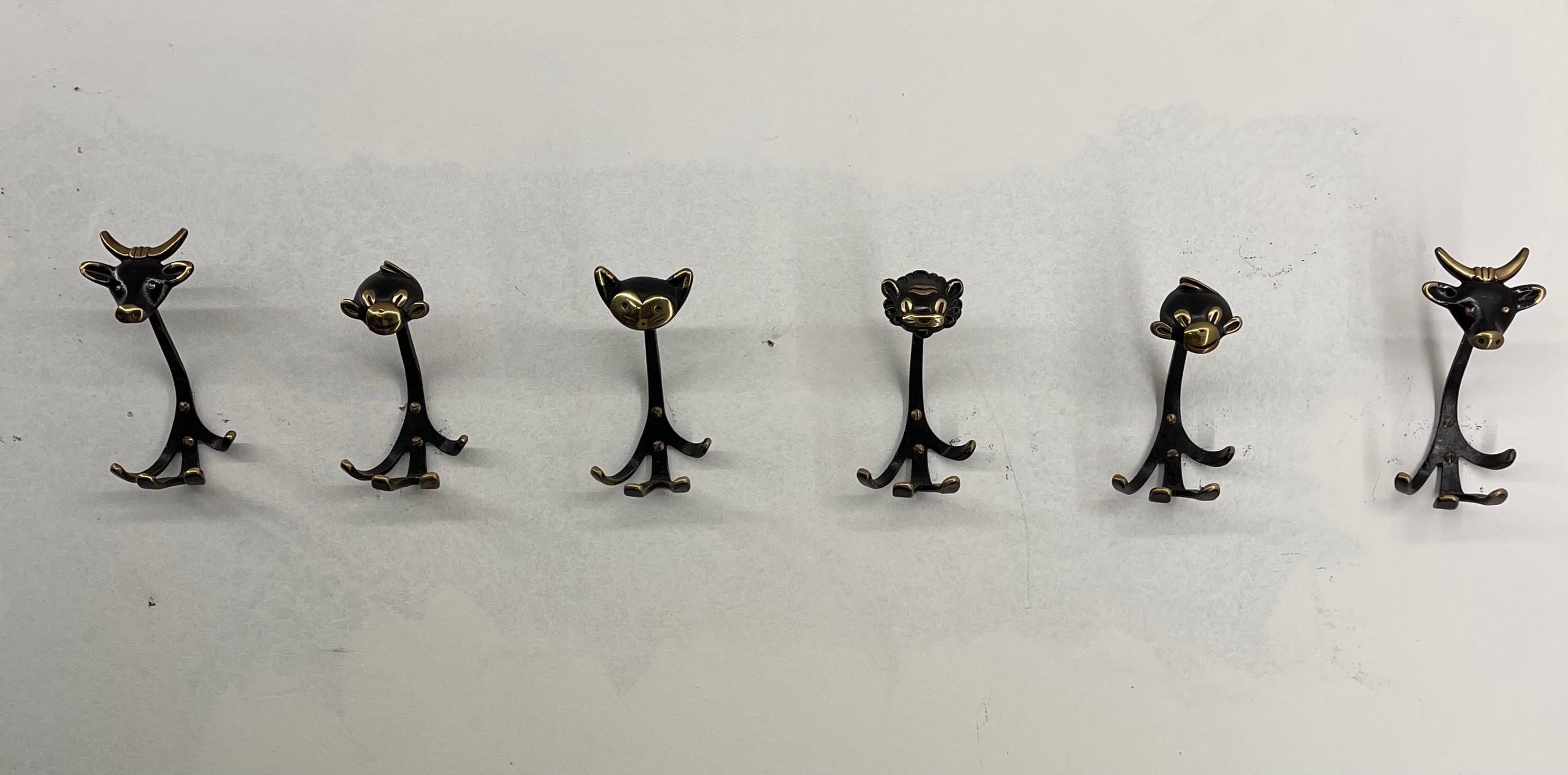 Walter Bosse brass wall hooks model 'Zoo', 6 pieces available, Austria 1950s.