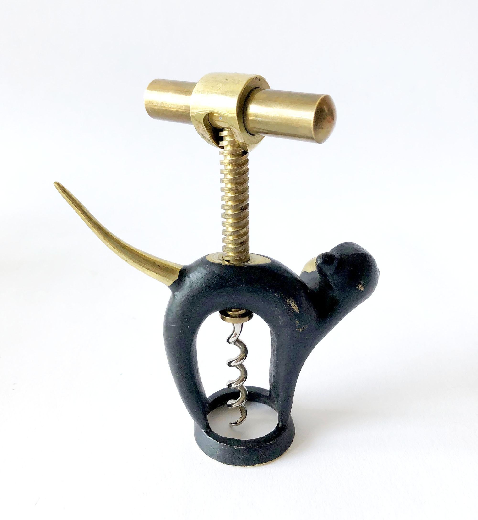 Bronze corkscrew bottle opener designed by Walter Bosse for Hertha Baller, circa 1950s. Corkscrew measures 5