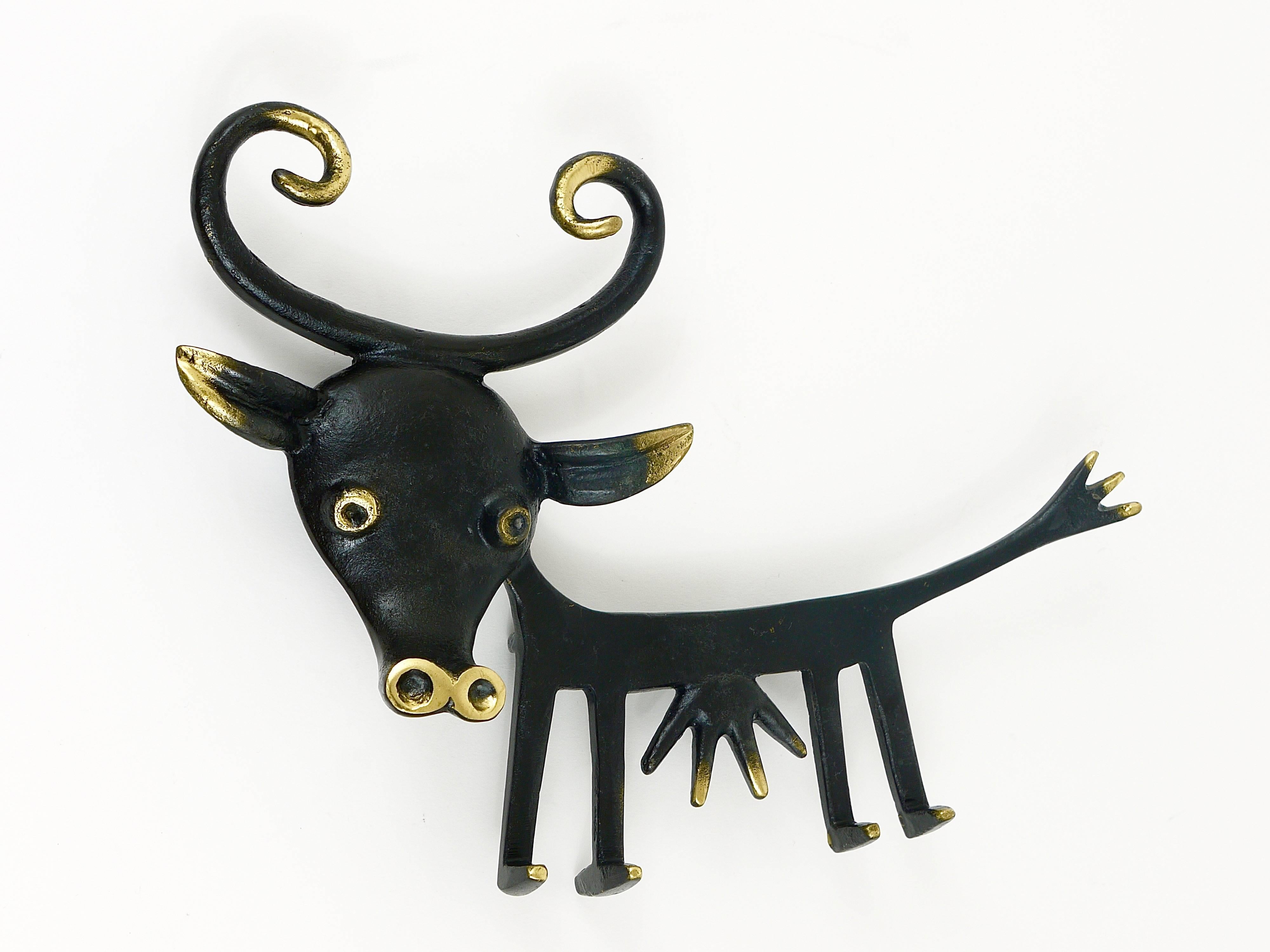 20th Century Walter Bosse Cow Sculpture Brass Key Hanger by Herta Baller, Austria, 1950s For Sale
