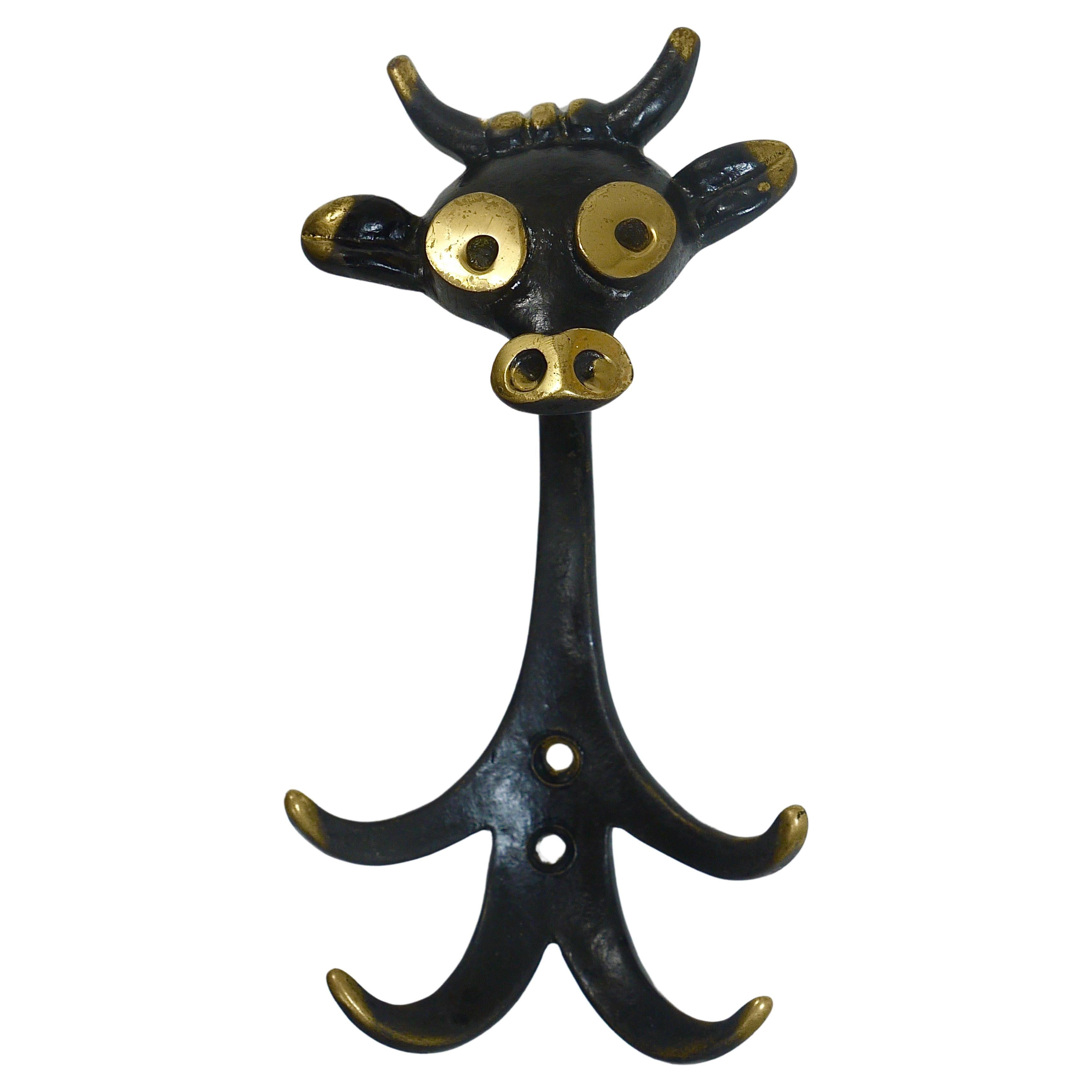 Walter Bosse Cow Zoo Mid-Century Brass Wall Hook, Herta Baller, Austria, 1950s For Sale