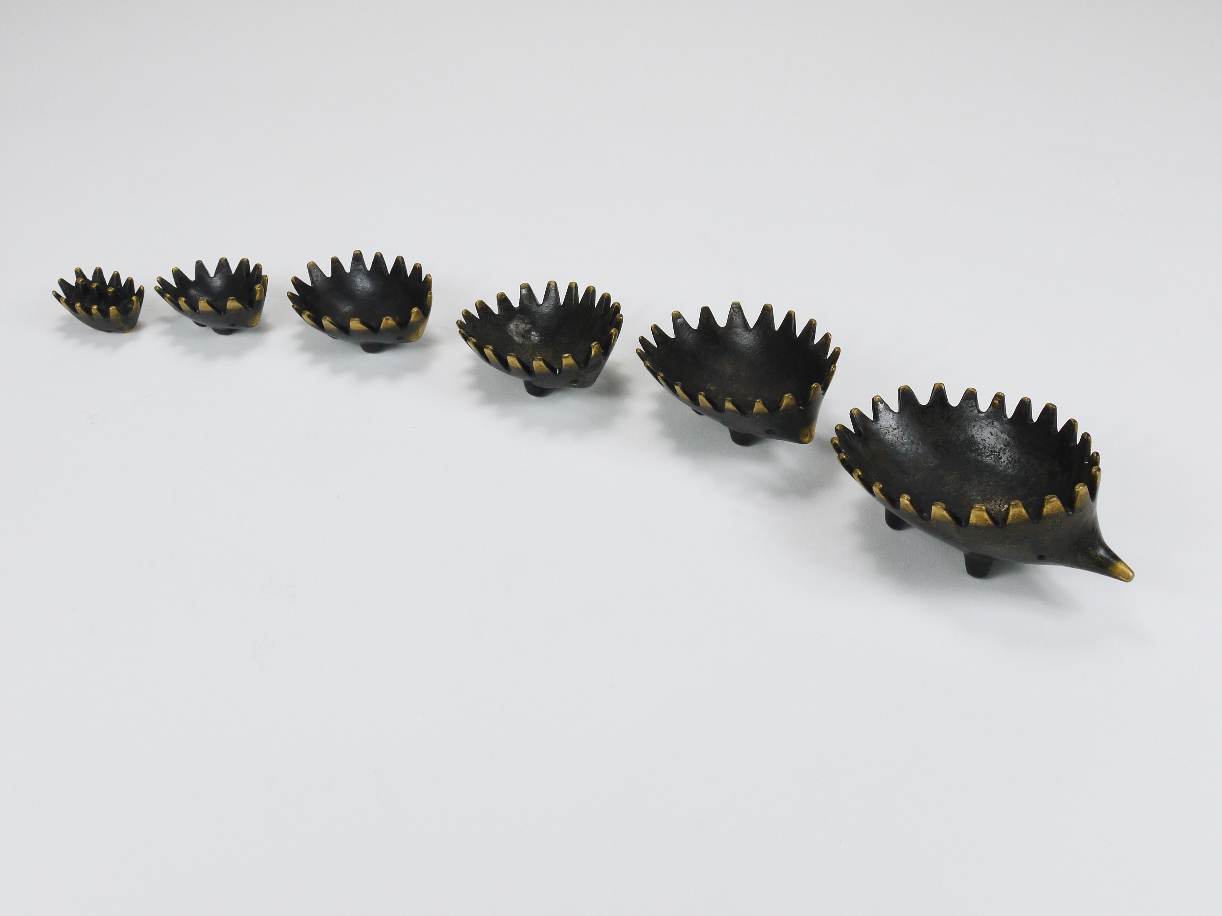 Austrian Walter Bosse Hedgehog Stackable Brass Ashtrays, Herta Baller, Austria, 1950s For Sale
