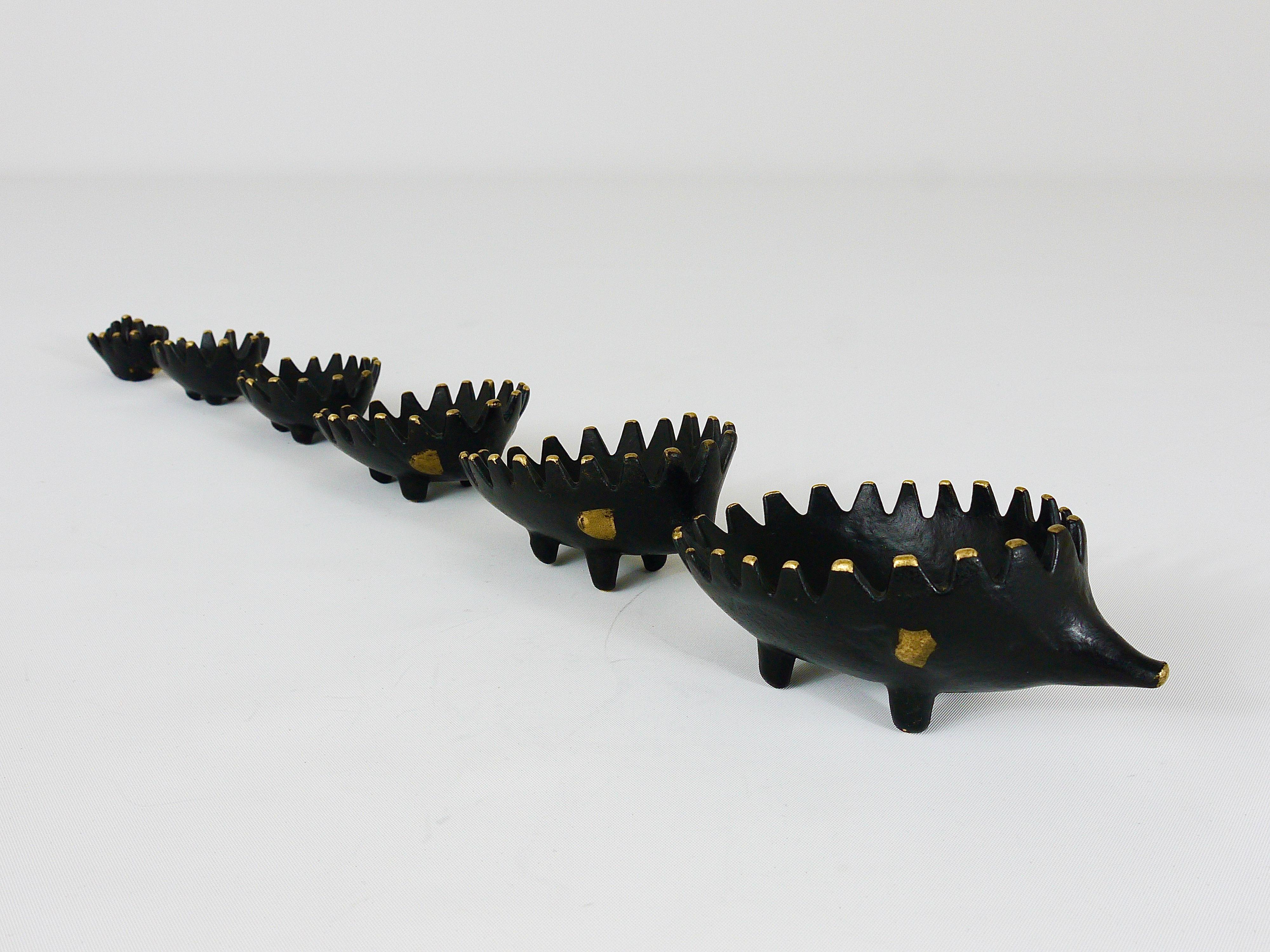 Walter Bosse Hedgehog Stackable Brass Ashtrays, Hertha Baller, Austria, 1950s 6