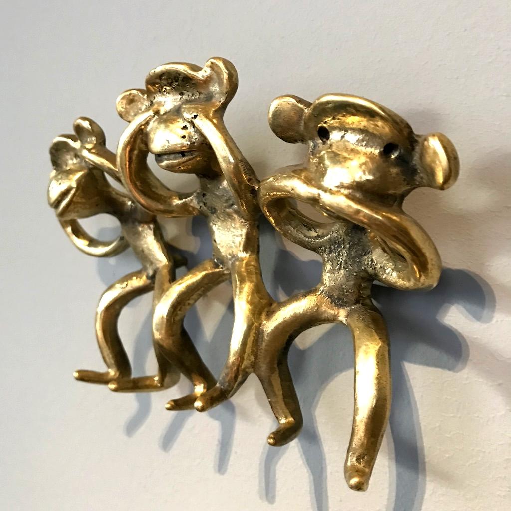 Mid-Century Modern Walter Bosse Midcentury Brass Wall-Mounted Monkeys Key Hanger, 1950s, Austria