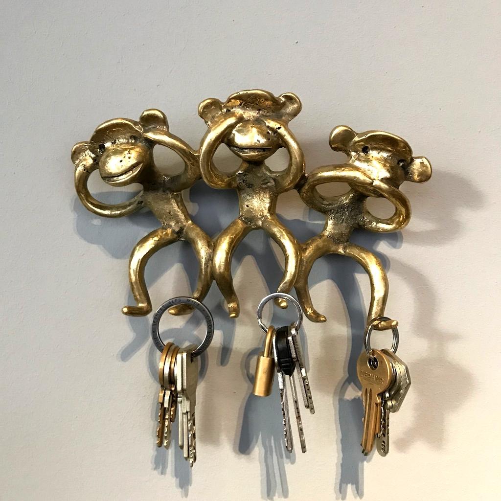 Polished Walter Bosse Midcentury Brass Wall-Mounted Monkeys Key Hanger, 1950s, Austria