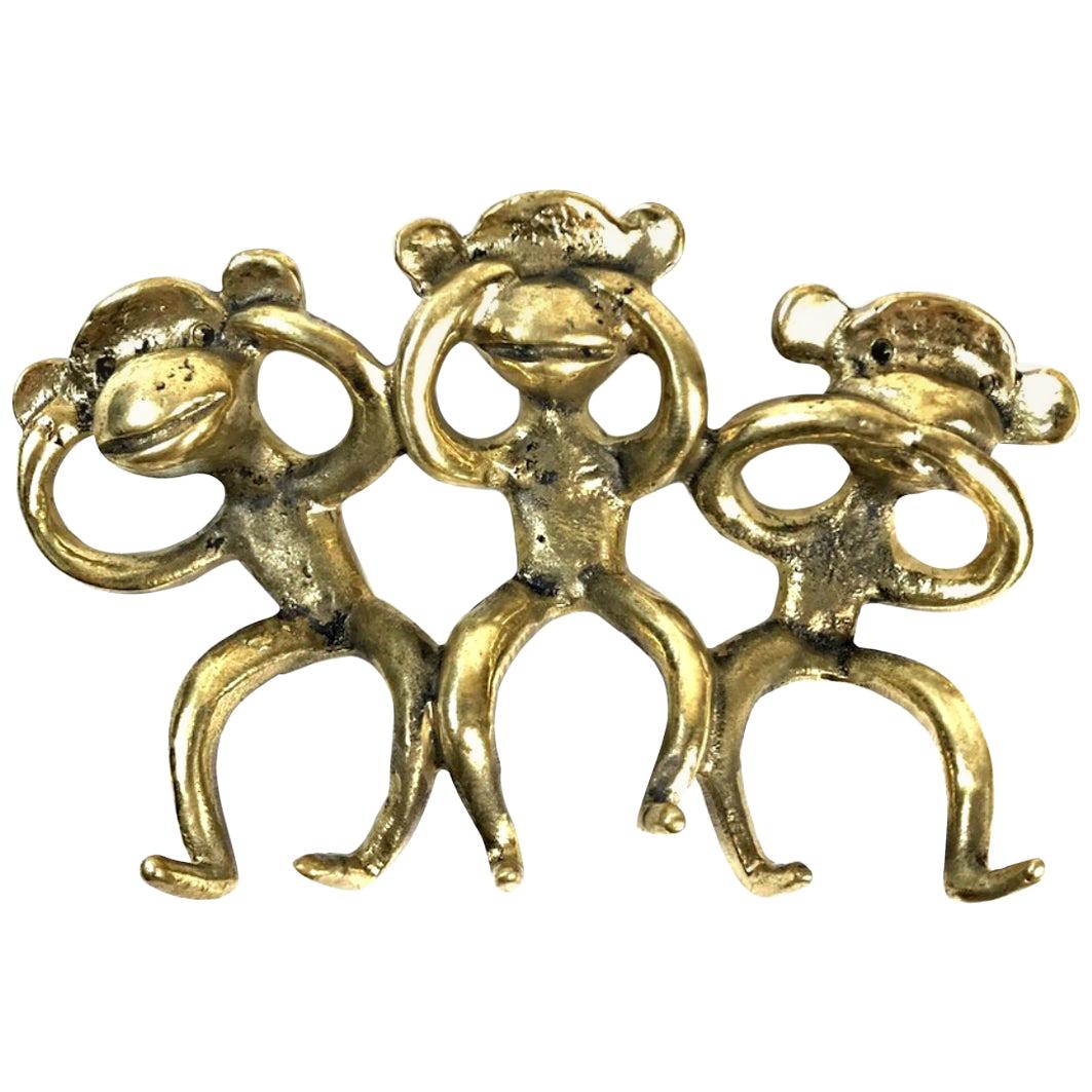 Walter Bosse Midcentury Brass Wall-Mounted Monkeys Key Hanger, 1950s, Austria