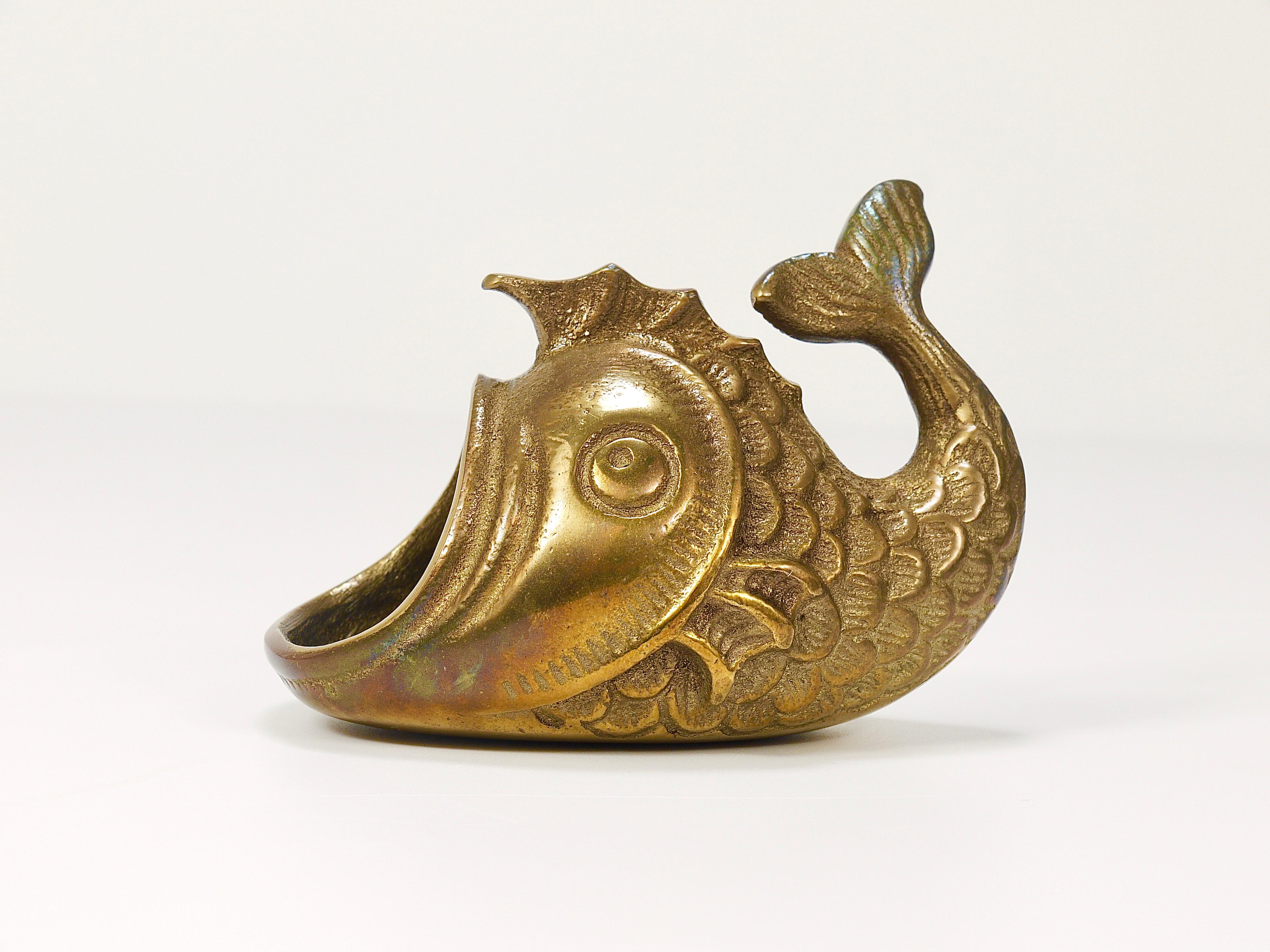 20th Century Walter Bosse Midcentury Fish Sculpture Brass Ashtray, Austria, 1950s For Sale