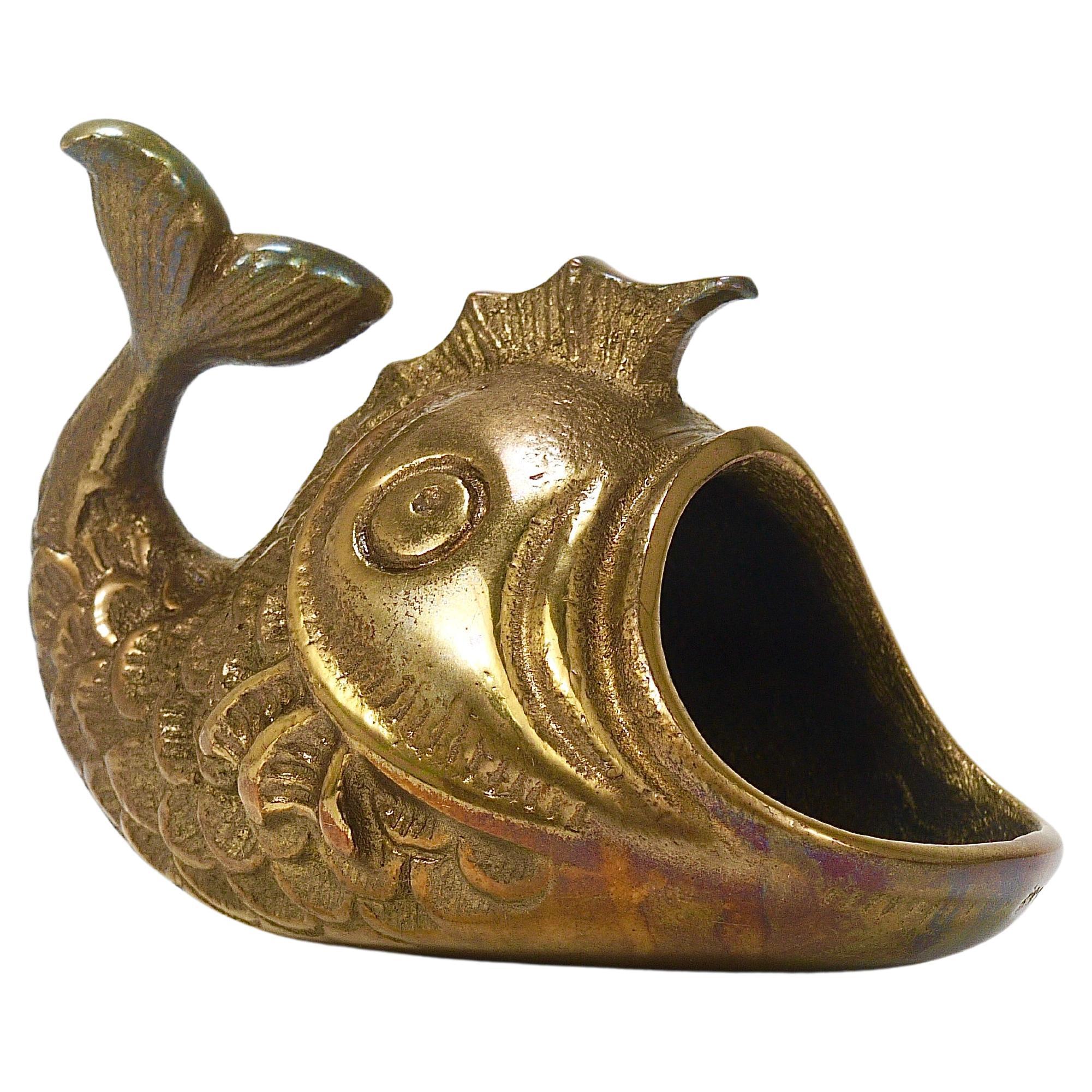 Walter Bosse Midcentury Fish Sculpture Brass Ashtray, Austria, 1950s For Sale