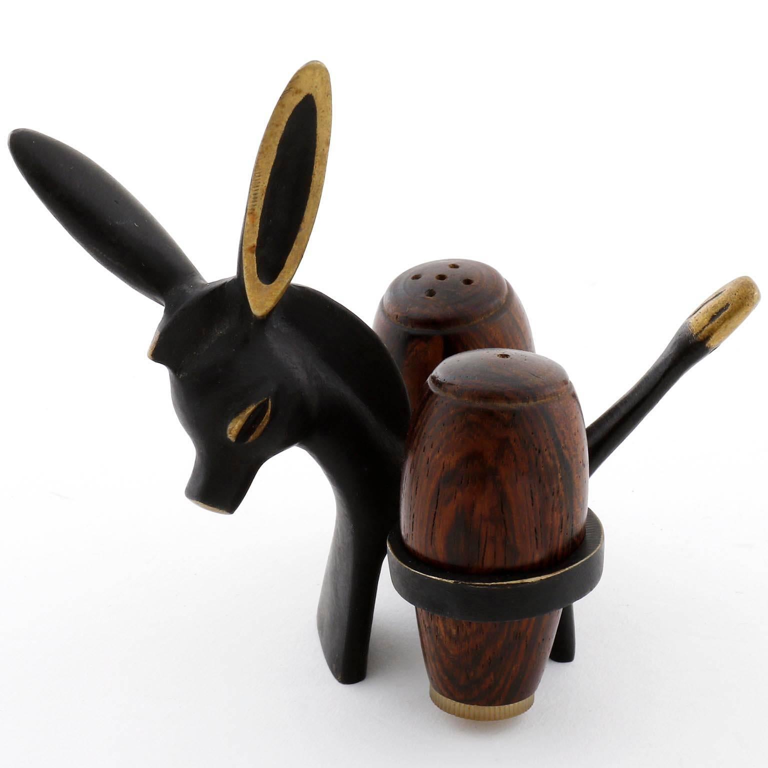 A salt and pepper donkey set designed by Walter Bosse and manufactured by Hertha Baller, Austria, Vienna, in midcentury in 1950s.
The donkey is made of blackened and polished brass. The shakers are made of palisander wood.
Labelled on the
