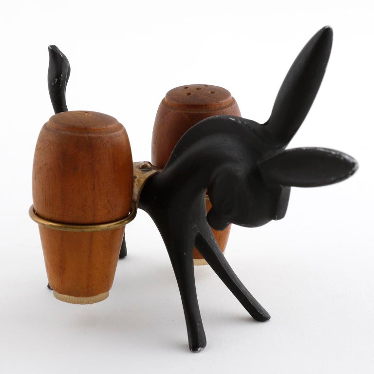 Mid-Century Modern Walter Bosse Salt Pepper Donkey Set, Black Brass Teak Wood, Hertha Baller, 1950 For Sale