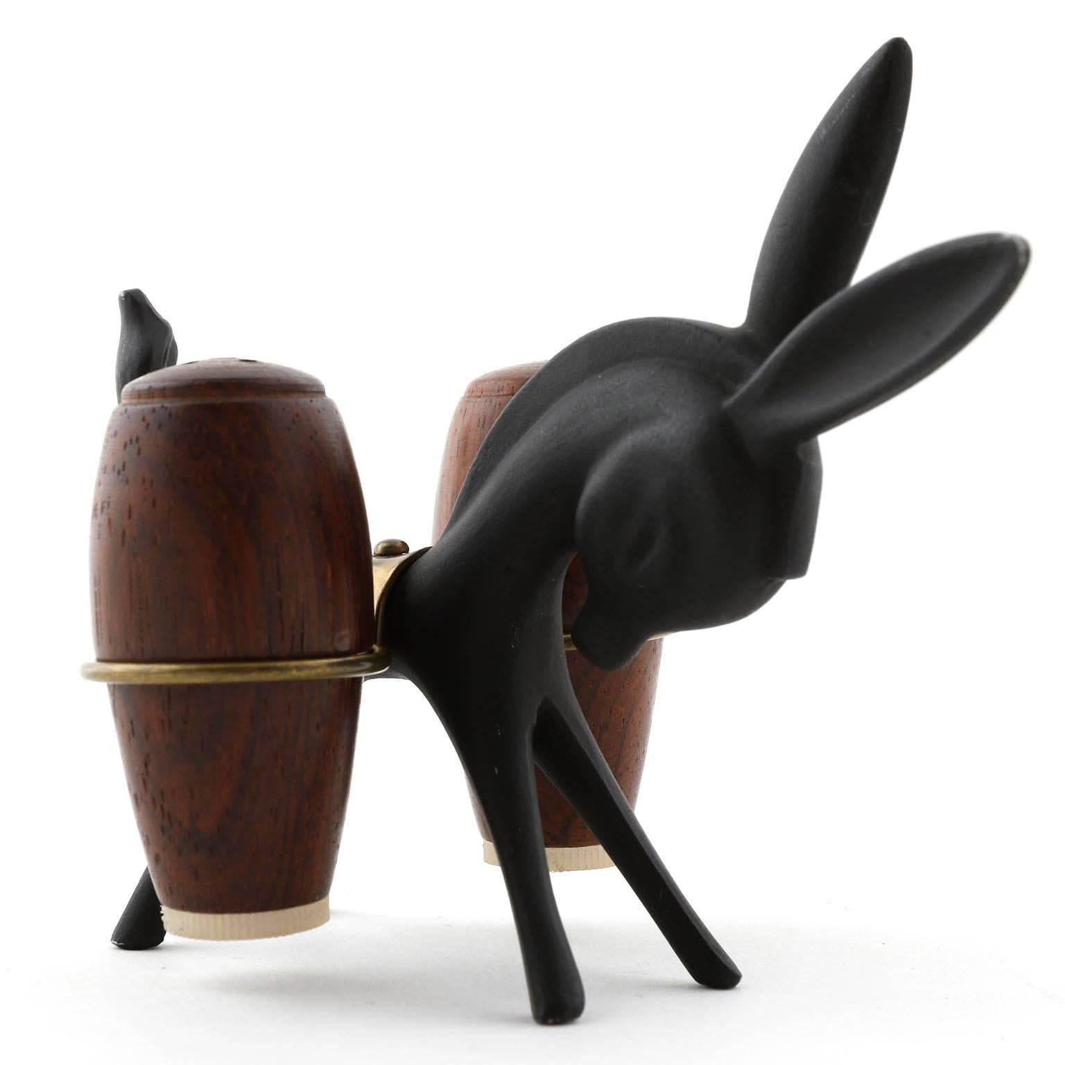 Mid-Century Modern Walter Bosse Salt Pepper Donkey Set, Black Brass Wood, Hertha Baller, 1950