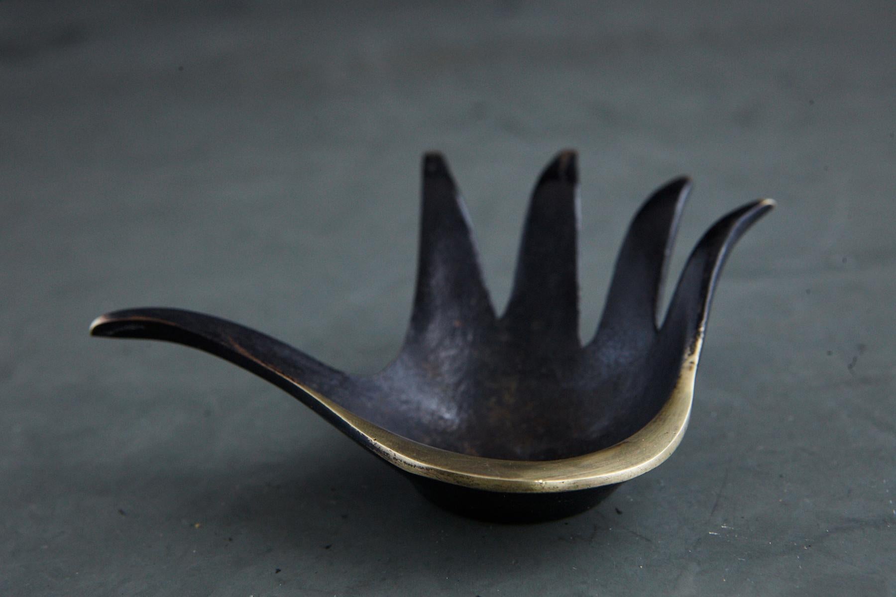 Mid-Century Modern Walter Bosse Style Brass Hand Ashtray Patinated in Black and Polished Brass