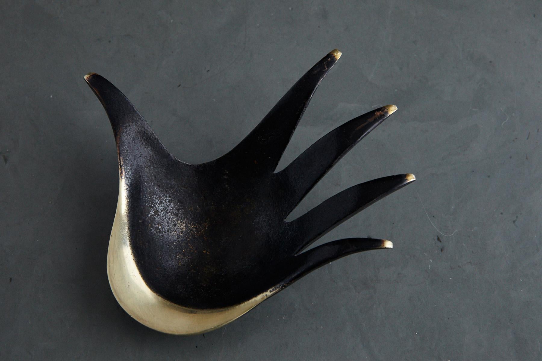Austrian Walter Bosse Style Brass Hand Ashtray Patinated in Black and Polished Brass